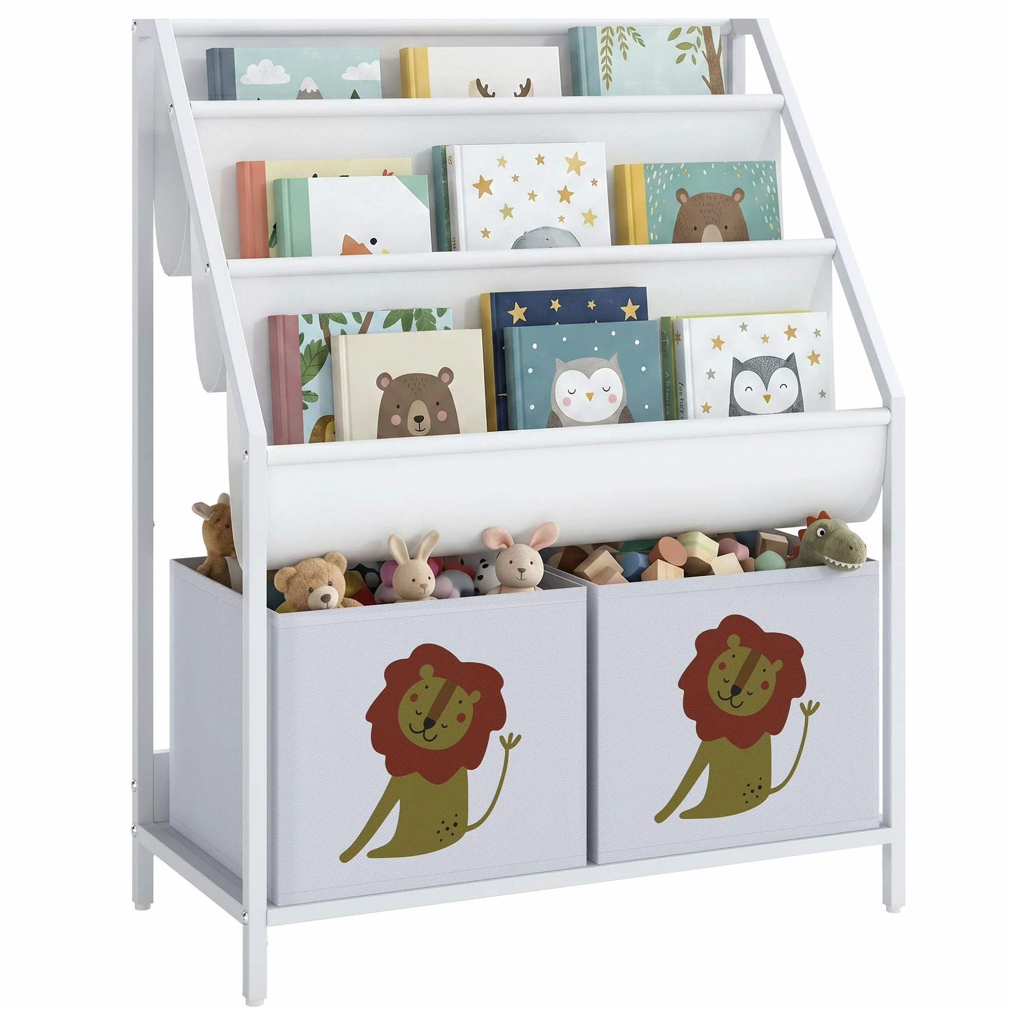AIYAPLAY Librería Infantil de 4 Niveles Montessori Niños 76 cm Blanco | Estantería para Libros, 3 Estantes, 2 Cajones de Tela, Diseño de León, Sala de Juegos, Dormitorio, Guardería