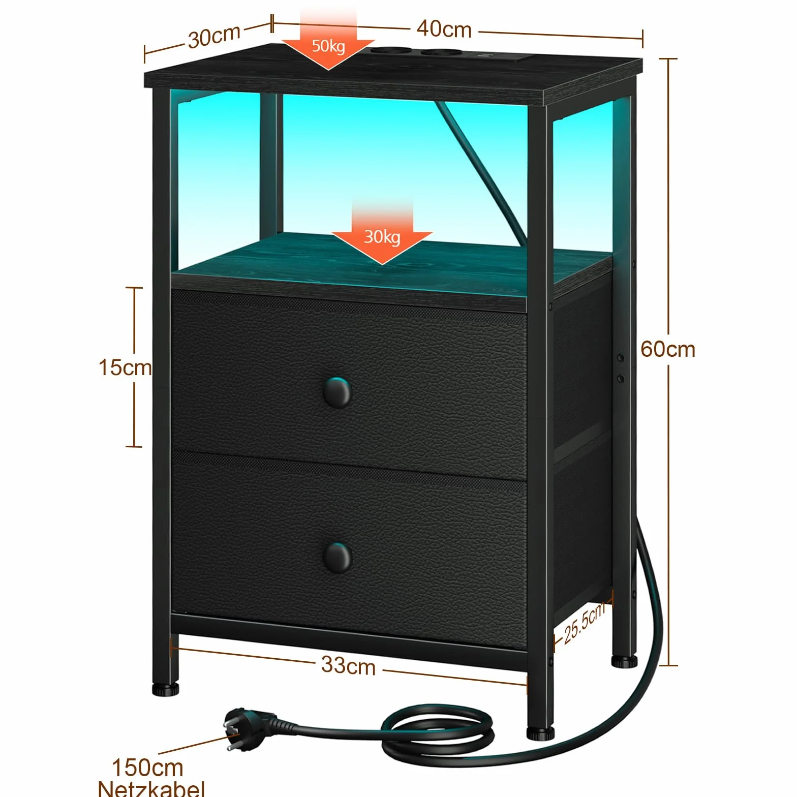 AMHANCIBLE Mesita de Noche, Mesitas de Noche con Estación de Carga, Mesa Auxiliar con 2 Cajones de Tela, 2 Tomas AC, 2 Puertos USB, Dormitorio, Salón, Estudio, Negro, EHETS02BK-1