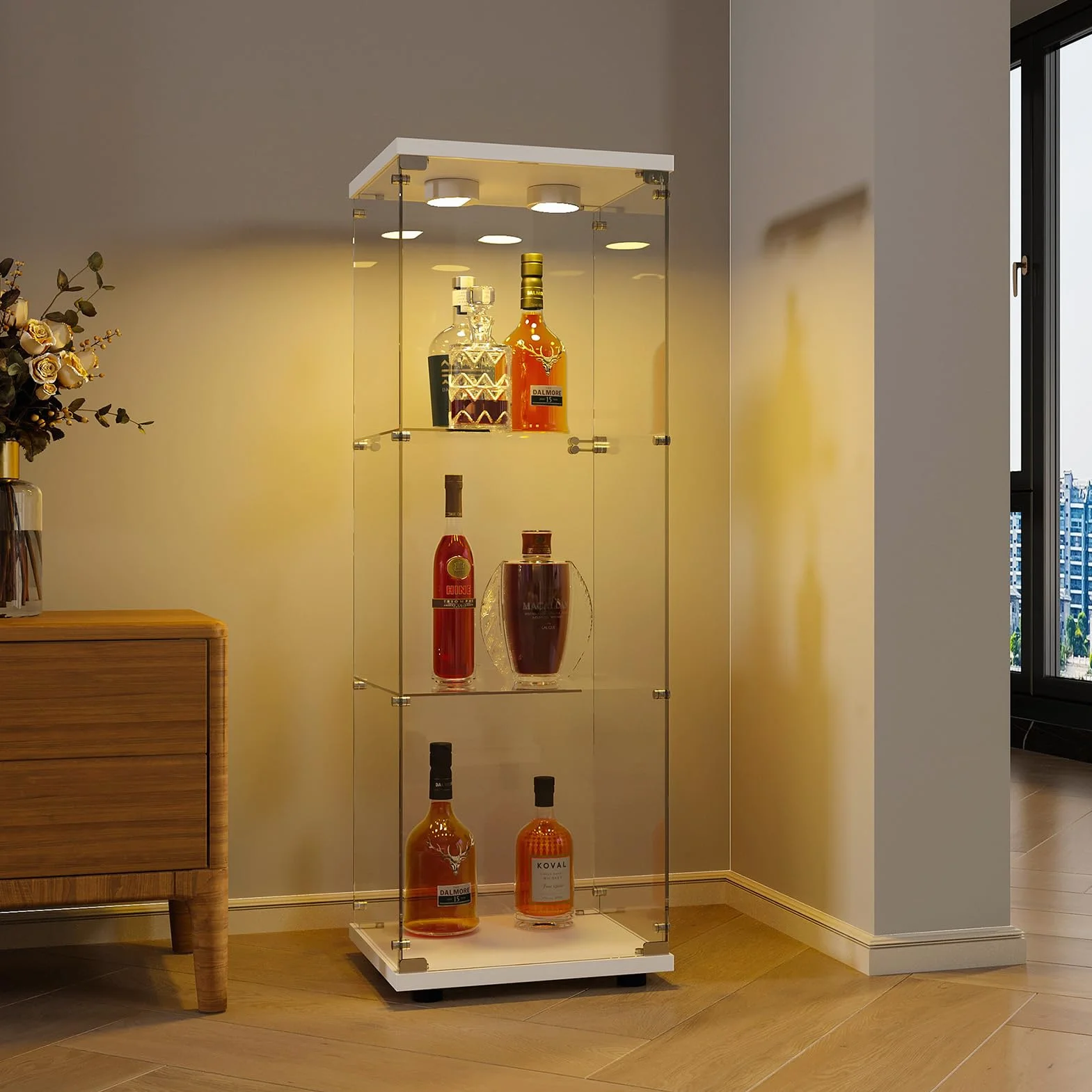 BRILVERDE Vitrina de cristal de pie con 3 capas, vitrina de pie en vidrio templado, armario de vitrina transparente con iluminación LED, resistente al polvo con cerradura para salón, dormitorio