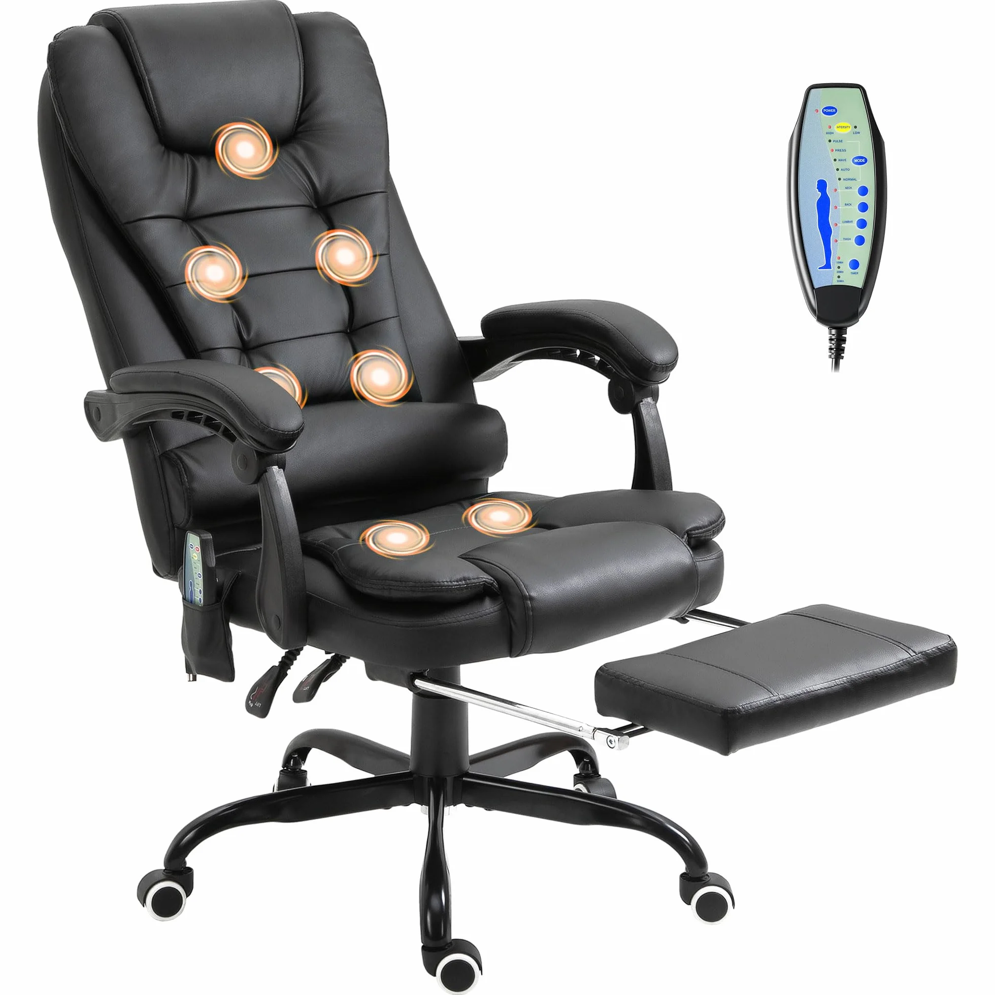 Vinsetto Silla de Oficina Masajeadora con 7 Puntos de Vibración, Silla de Oficina Ergonómica con Reposapiés y Respaldo Reclinable a 155°, Negro