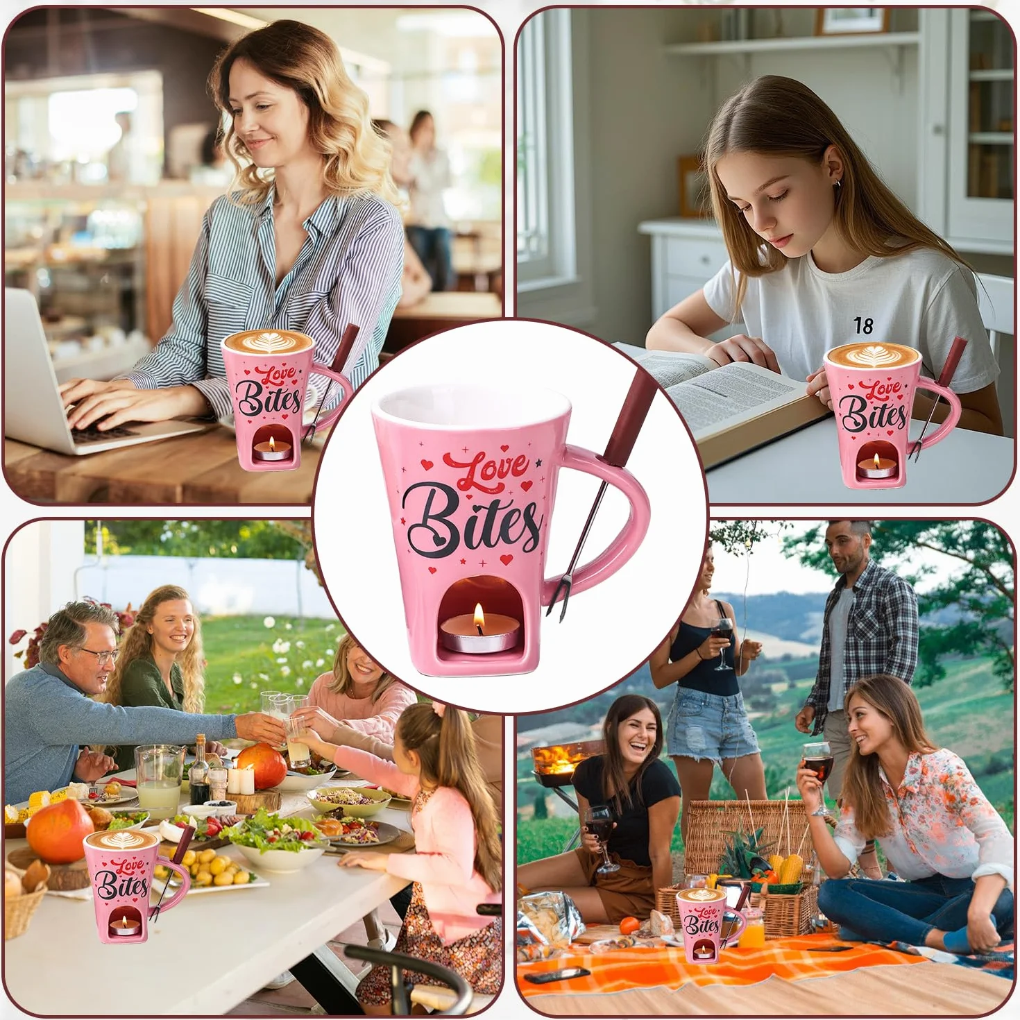 Juego de Fondue de Chocolate de Cerámica 200ML con Tenedor y Vela de Té