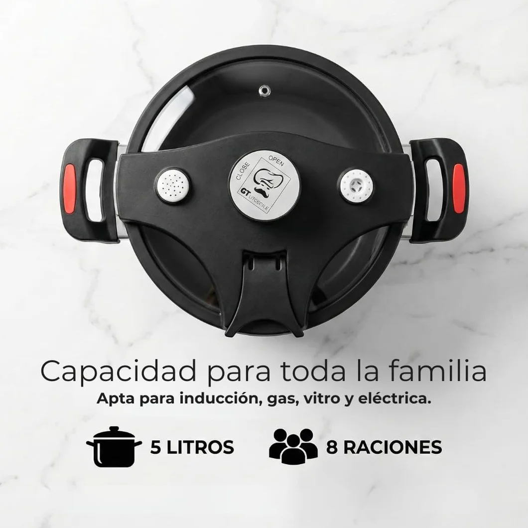 Vital Tools Olla de Cocción Lenta 5L, 8 Comensales, 105°C, Compatible Gas Eléctrica Inducción, Antiadherente