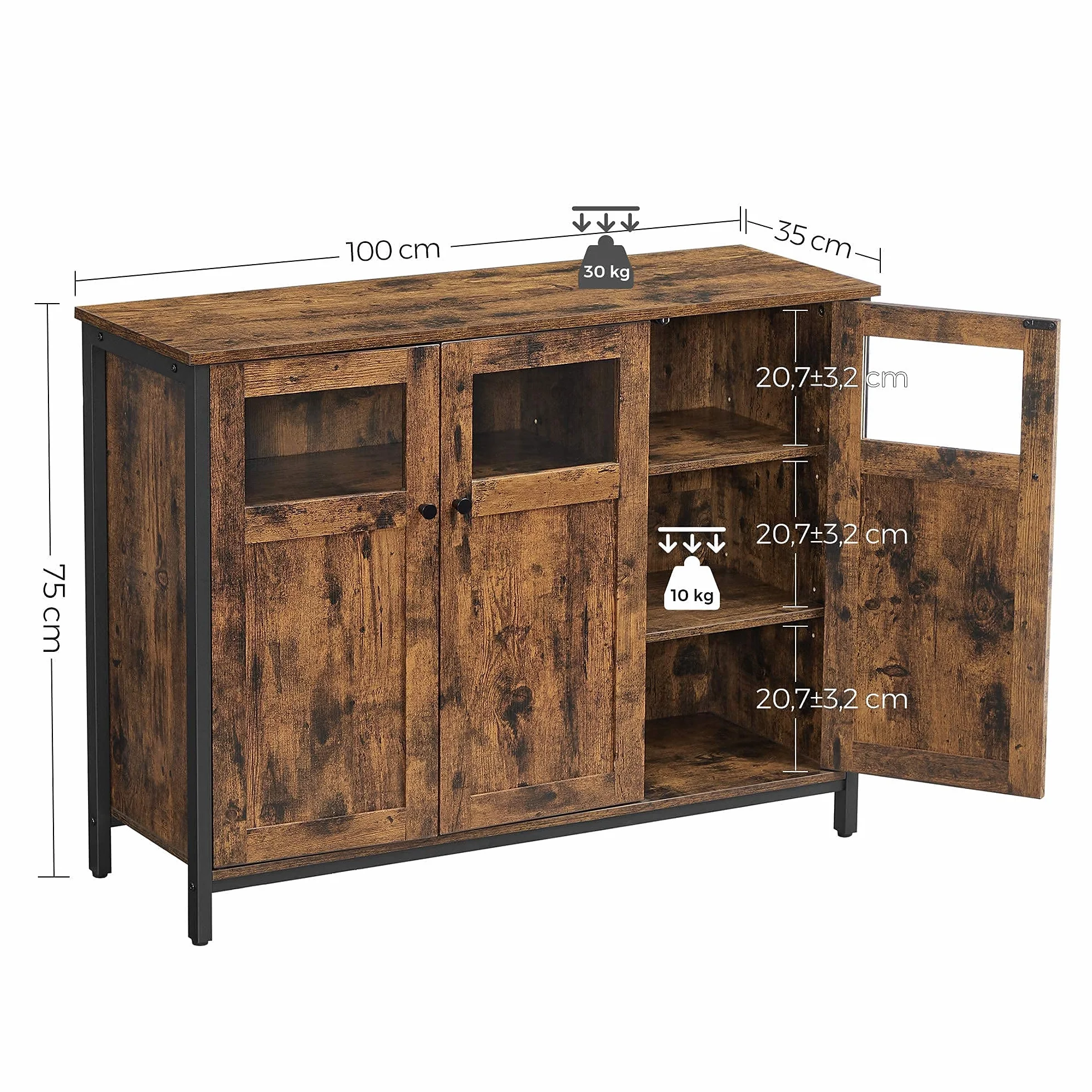 VASAGLE Aparador con Puertas de Cristal, Armario de Almacenamiento, Estilo Industrial, Marrón Rústico y Negro Tinta LSC099B01