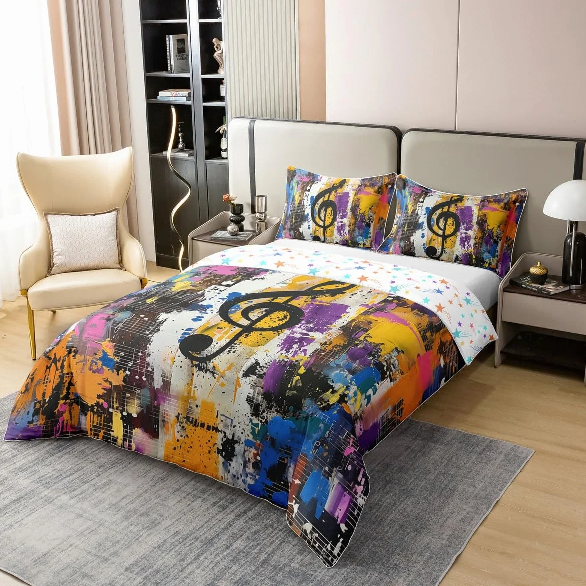 Notas musicales 100 % algodón natural edredón tamaño XL colorido arte callejero graffiti hippie ropa de cama juego de ropa de cama tema musical hip pop música colcha cubierta 3 piezas