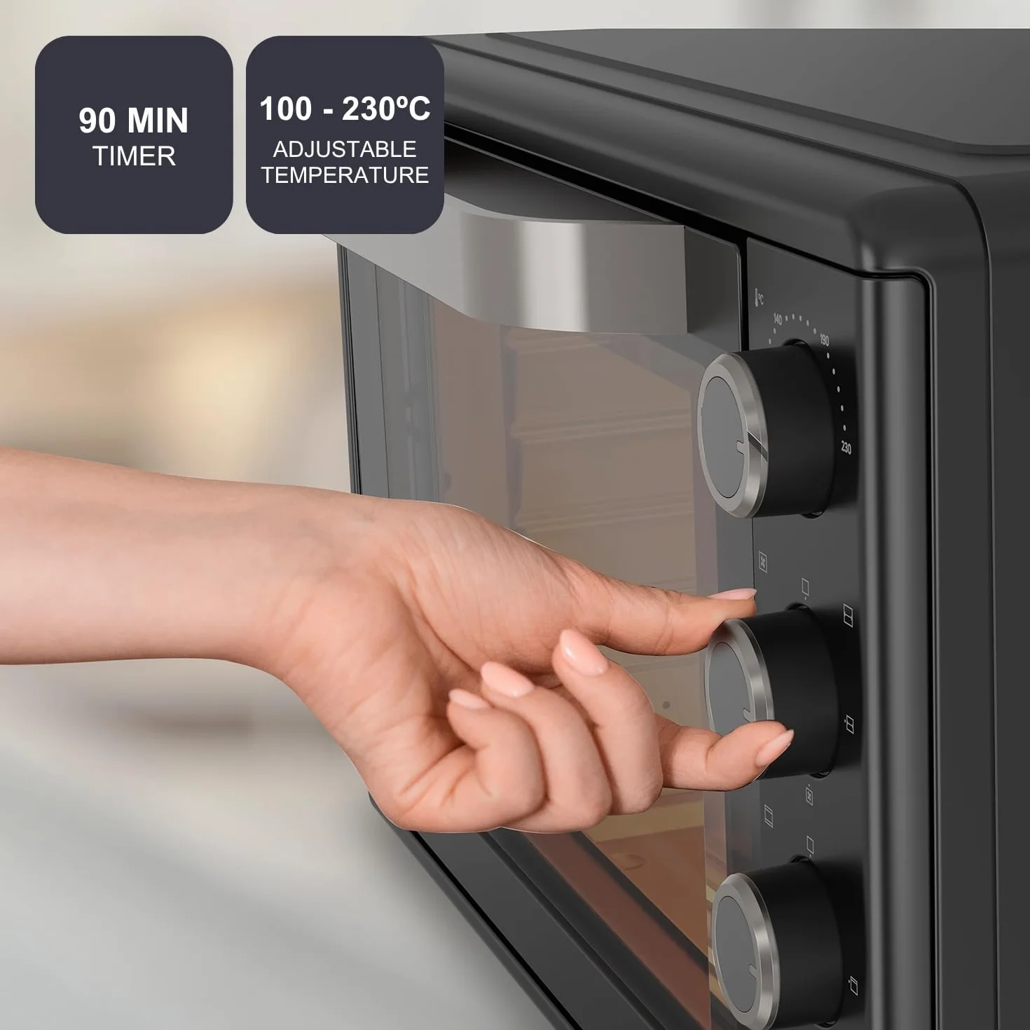 Black+Decker – Horno de sobremesa eléctrico BXOV3000E | 1500W | 30L | Grill | Superior | Convección | Timer 90 min | STAY ON | Doble cristal | Luz interior | Bandeja recogemigas | Rustidor