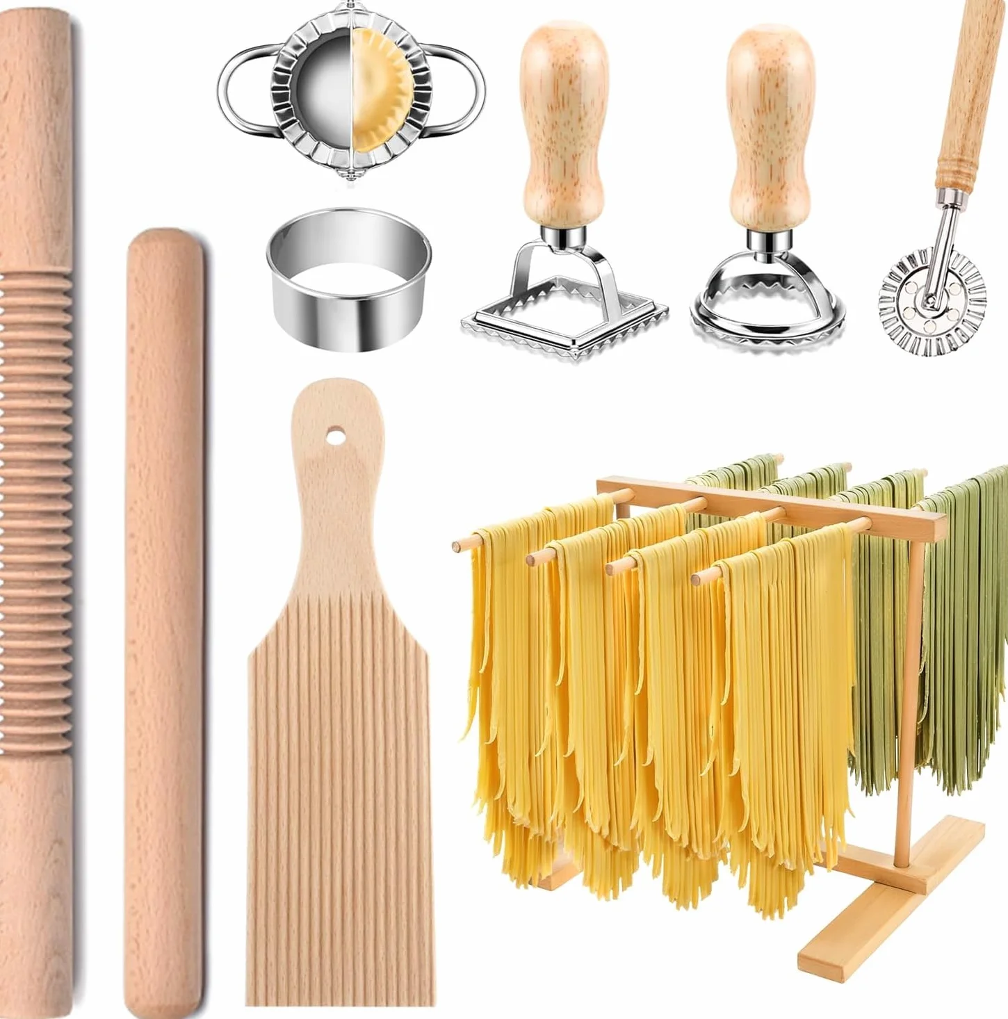 Juego de herramientas para hacer pasta, kit de 9 piezas de madera para hacer pasta con estante de secado, rodillo, tabla de ñoquis, accesorios de cortador de raviolis, cortador de sellos