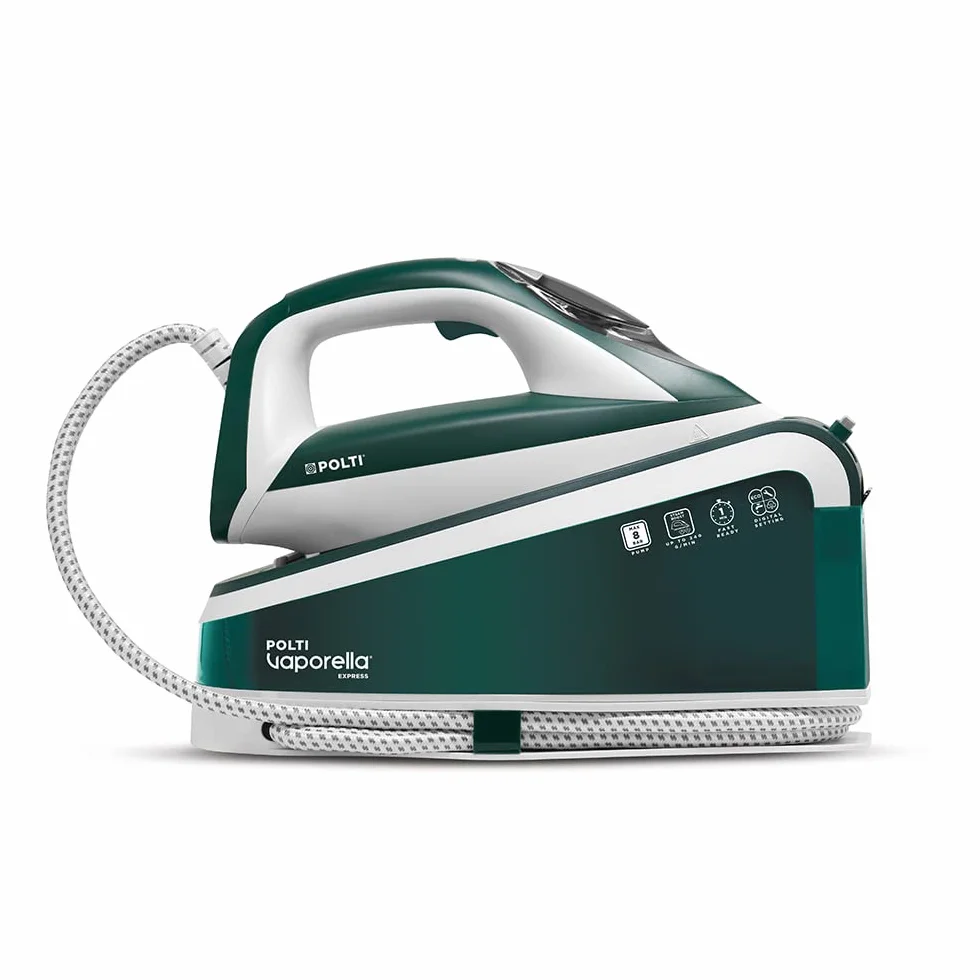 Polti Vaporella Express VE30.20, Plancha Generadora de Vapor, Presión Bomba hasta 8 Bar, Potencia 2200 W, Función Eco, Tecnología One Temperature, Ajuste Digital, Verde y Blanco