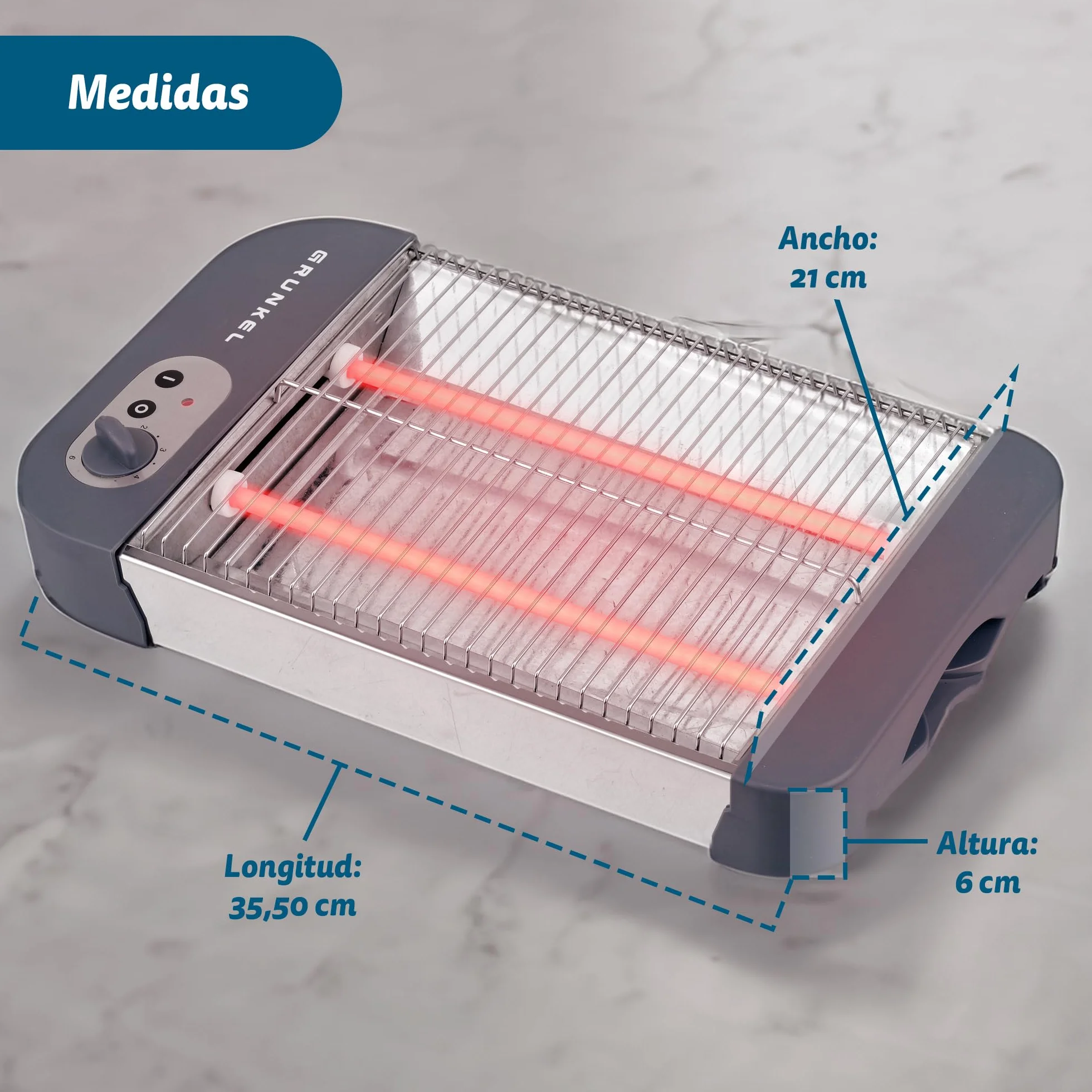 Grunkel Tostadora de pan plana 4 rebanadas 600W 6 niveles temporizador señal acústica bandeja recogemigas extraíble
