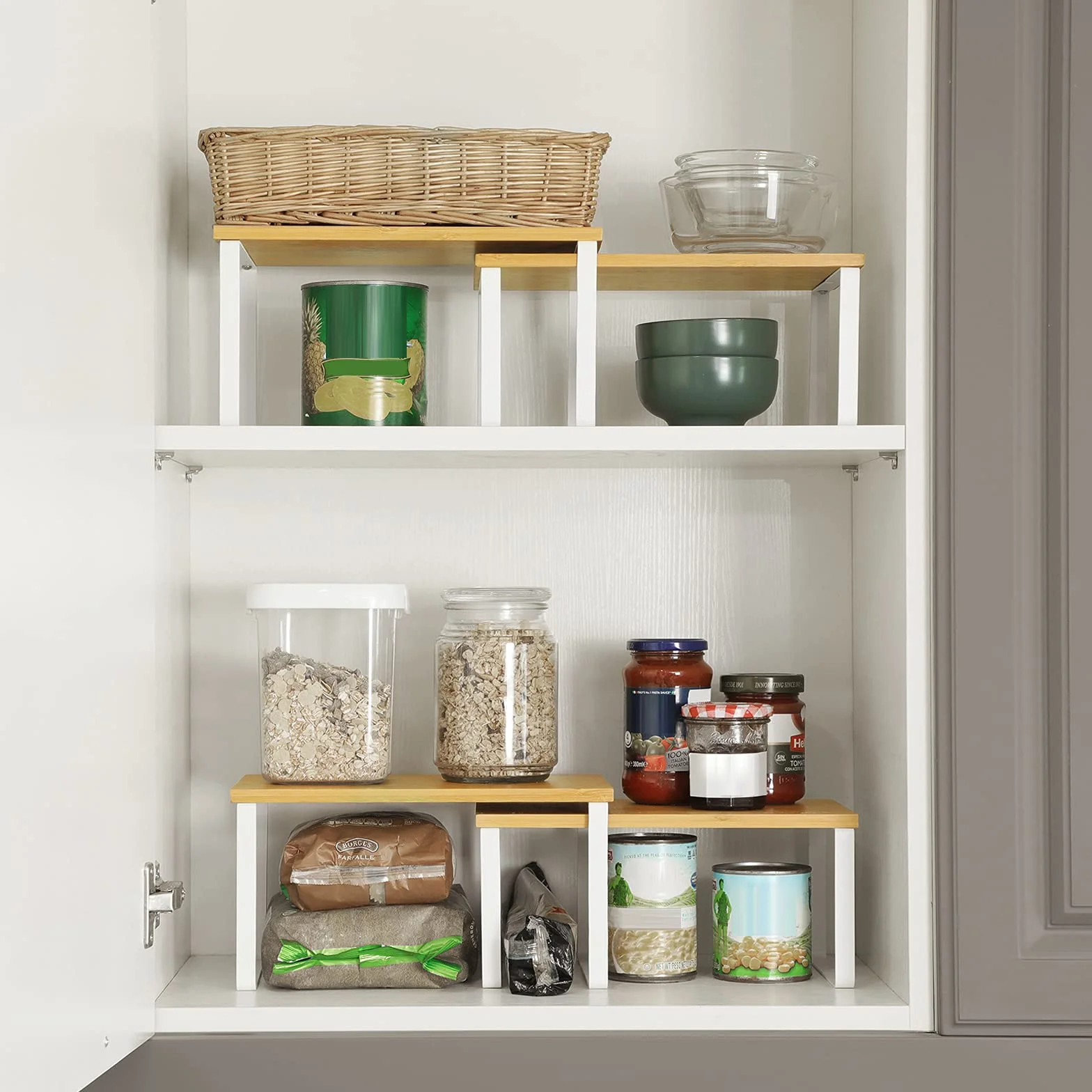 SONGMICS Organizadores de Cocina Juego de 4 Estantes Apilables Expandibles Metal y Madera Blanco Natural