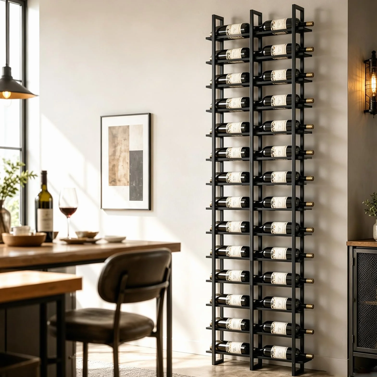 Botellero de Pared , sostenedor negro del almacenaje del vino, estante de metal de la botella del vino de la pared que cuelga de 15 niveles 45 botellas, para Cocina, Bodega, Bar (32 Botellas)