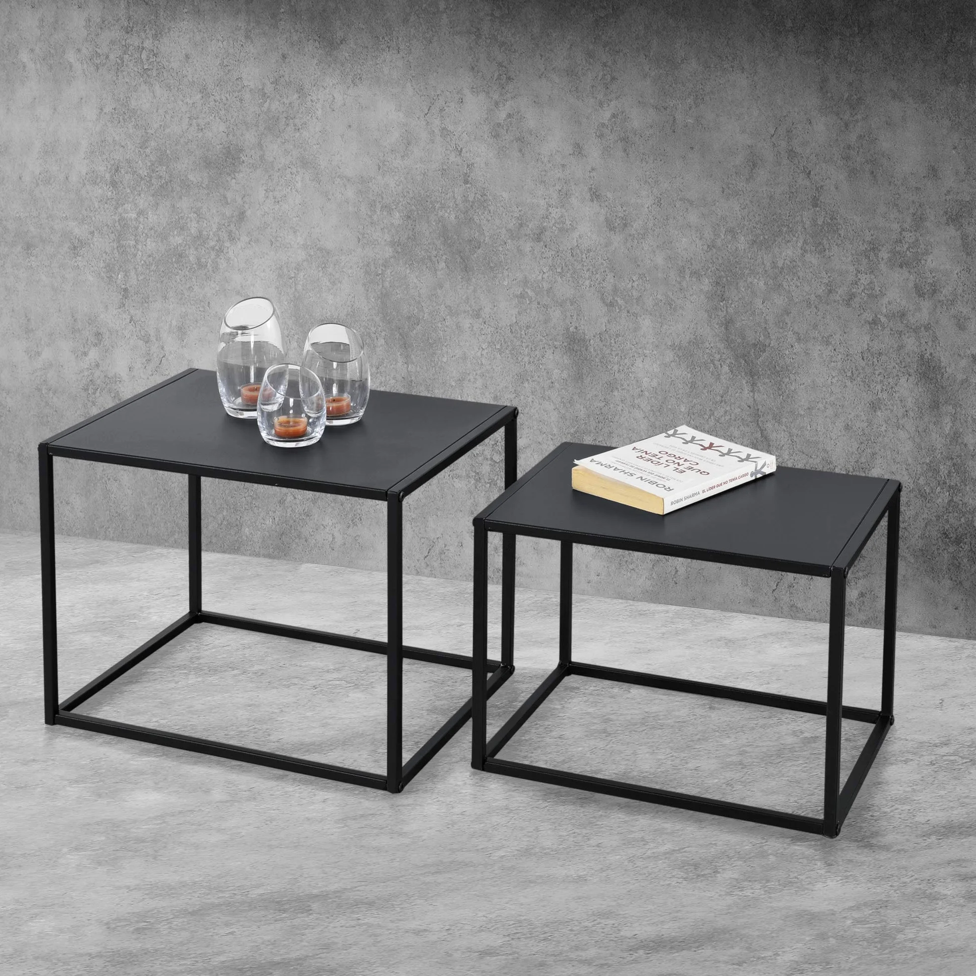 [en.casa] Juego de 2 mesas auxiliares de sofá, mesa de café en forma rectangular, mesita de noche, mesa decorativa, estructura de metal, diseño industrial, color negro