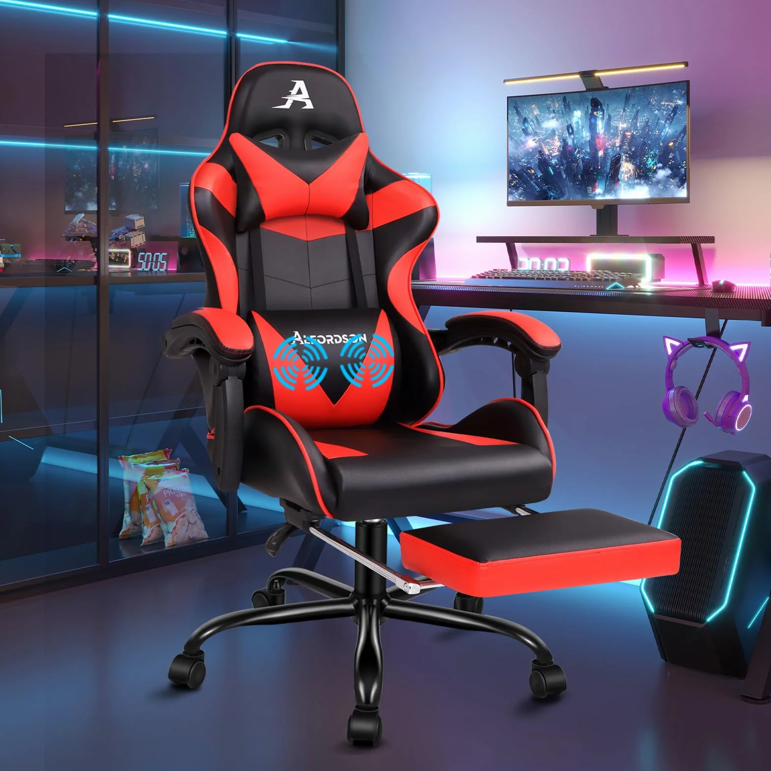 ALFORDSON Silla Gaming Escritorio con Masajeador, Silla Gamer Ergonómica Cojín Lumbar y Cervical, Reposapiés Retráctil, Ruedas Giratorias 360°, para Oficina, Videojuego, Ordenador, Cuero PU(Roja)