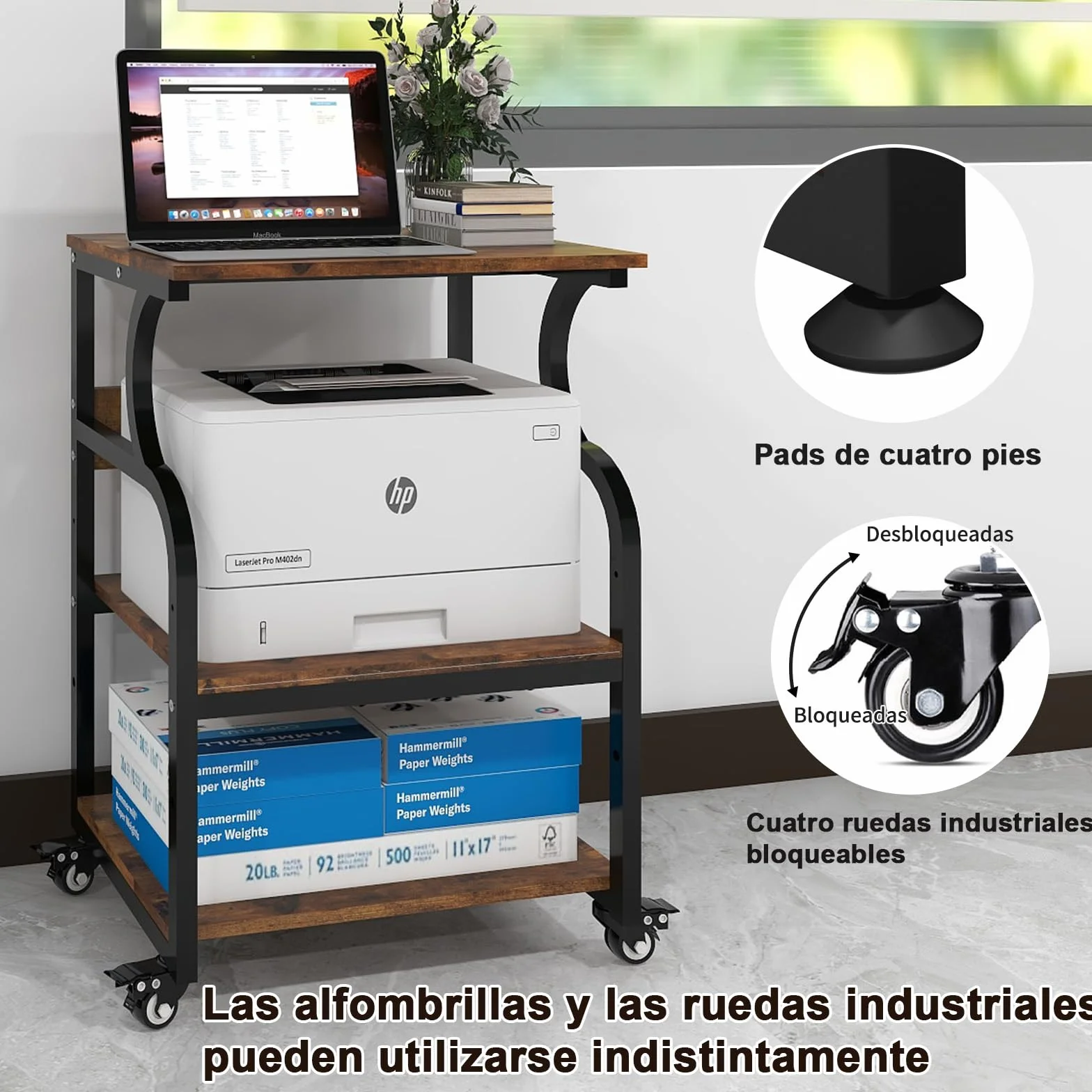 PUNCIA Mesa para Impresora Ajustable en Altura 60x50cm 3 Niveles con Ruedas Madera y Metal Carrito Almacenaje Oficina Escuela Estudio
