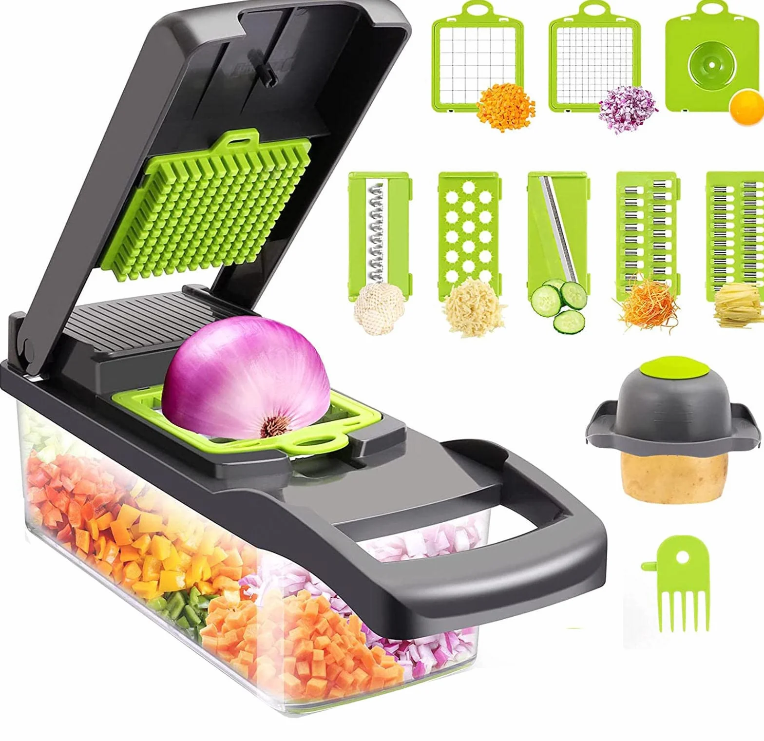 Juego de Picadora de Verduras, Cortador de Mandolina Multifunción 14 en 1, Cortador de Verduras, Cortador de Cebolla, para Cebolla, Ajo, Repollo, Patata, Tomate, Ensalada