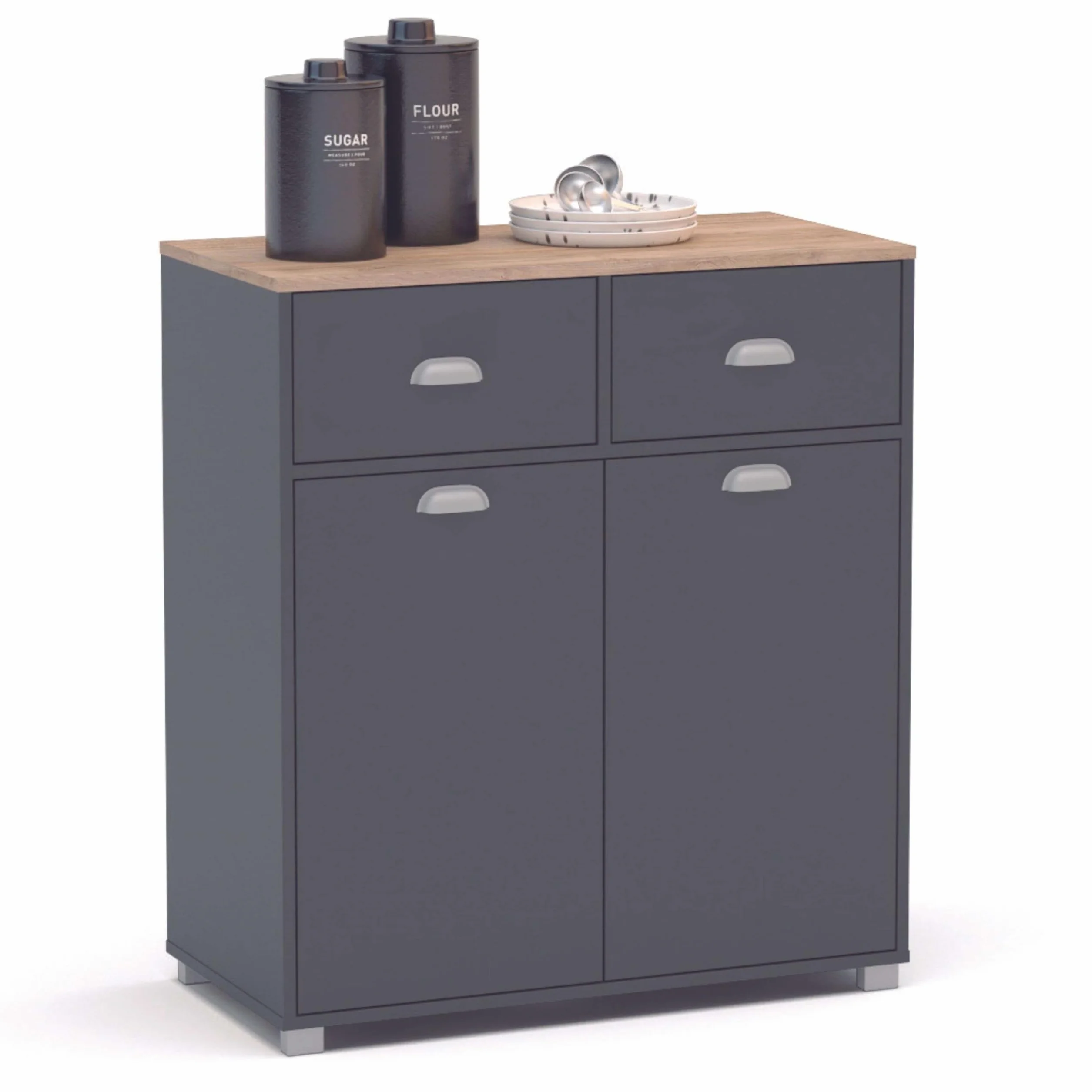 SZ Suarez Buffet Bajo Cocina Asfeld Gris Grafito 2 Puertas 2 Cajones Almacenaje Mueble Auxiliar 90x80x40 cm
