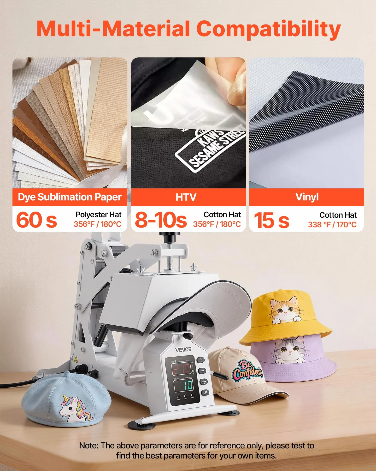 VEVOR Máquina de Prensado Térmico para Gorras 580 W, Prensa Térmica para Gorras con Placa Calefactora, Control Preciso de Temperatura y Tiempo, para Proyectos de Sublimación y Planchado, Blanco