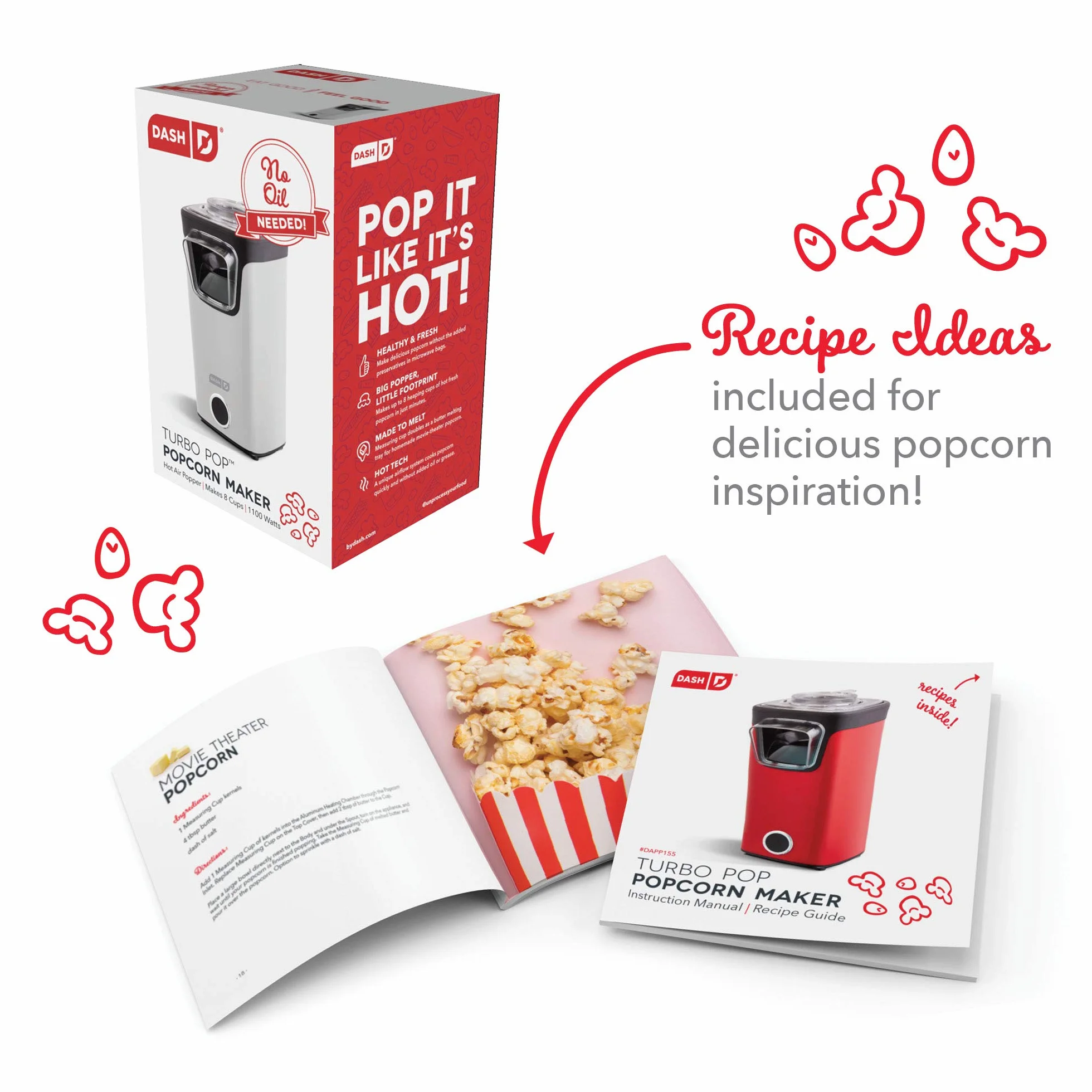 DASH Turbo POP - Máquina de palomitas de maíz con taza medidora a porción + mantequilla derretida, máquina de palomitas de maíz de 8 tazas, color blanco