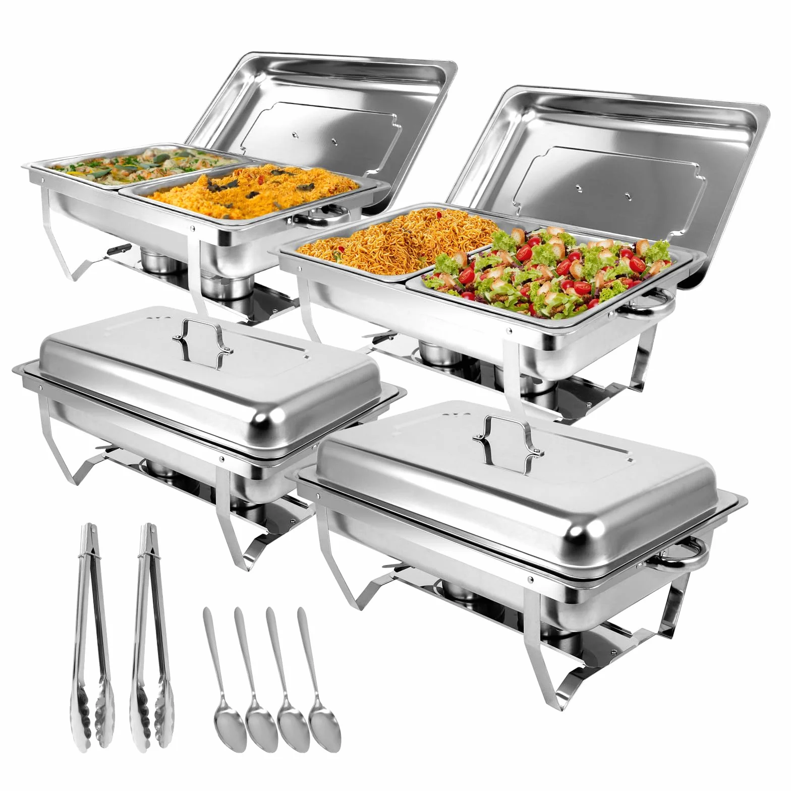 Calentador de Alimentos Bufé, Servidor de Calentador Buffet, Chafing Dish de Acero Inoxidable para Buffet con Pinzas y Cucharas para Fiestas, Catering, Banquetes (4 unidades, 8 x GN 1/2)