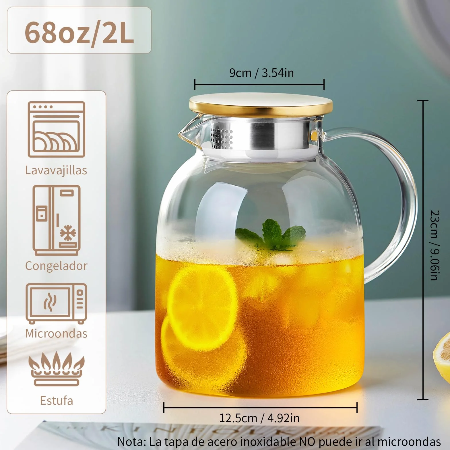 MESNEY Tetera de Vidrio 2L Infusor Borosilicato Resistente al Calor Colador Tapa 2 en 1