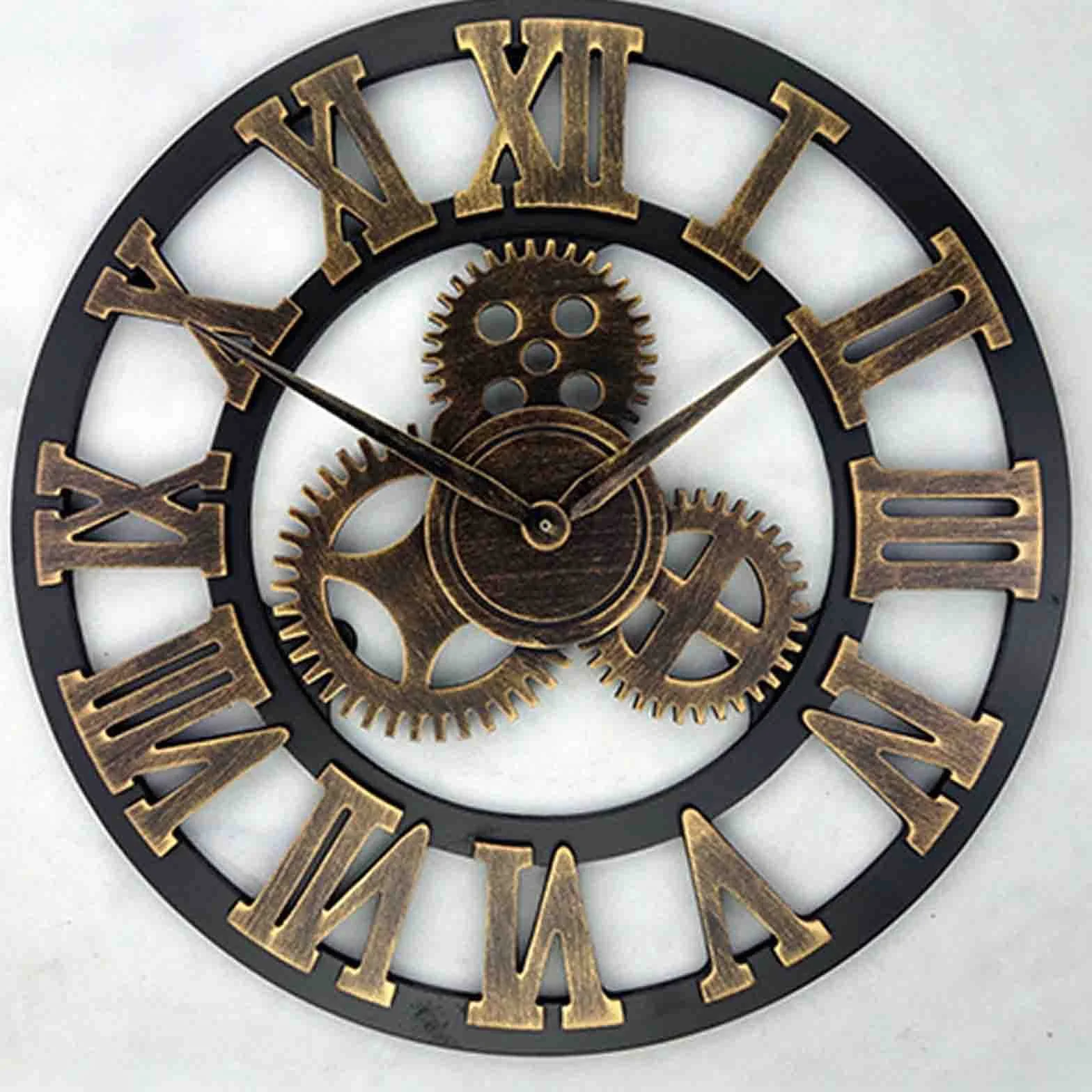 Reloj de pared, reloj para exteriores, reloj de jardín, reloj de pared extragrande, decorativo de hierro forjado, cuarzo silencioso, engranajes industriales, negro, números de metal rústico, estilo