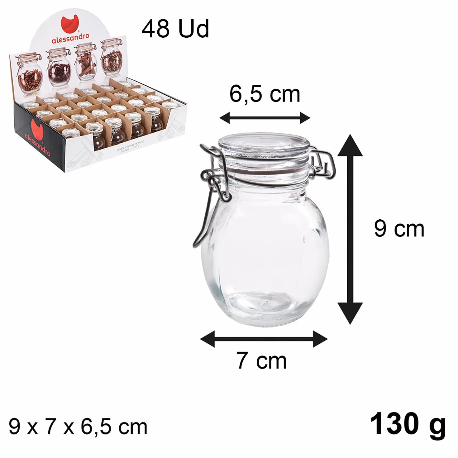 Bote Hermético de Cristal 130gr. Pack 48 Unidades. Botes Herméticos de Cristal para Especias. Tarro con Cierre Hermético, Especieros para Uso Hostelero (130gr 48Ud)