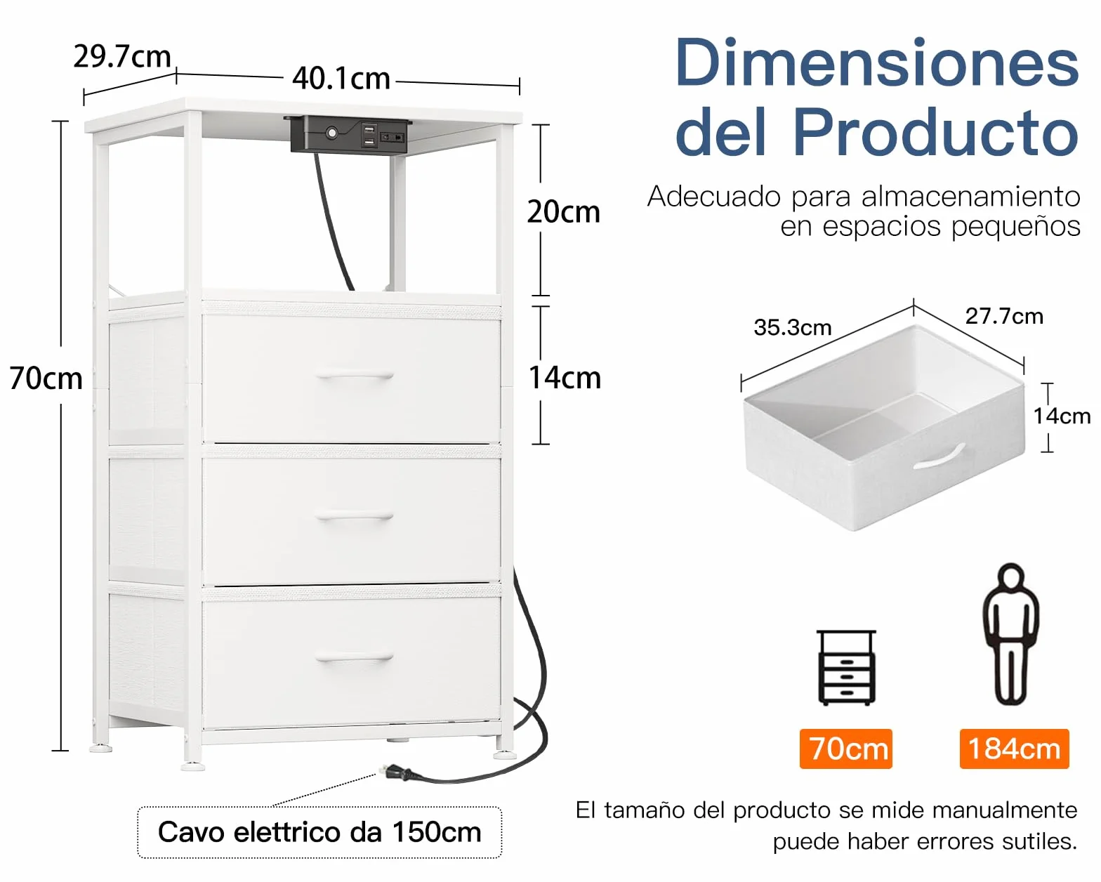 Coleshome Mesitas de Noche Blanco, con Enchufe, 2 Puertos USB y Tira de Luces LED, Mesita de Noche con 3 Cajones de Tela y 2 Espacio de Almacenamiento, 40 x 30 x 70 cm, 1 Paquete