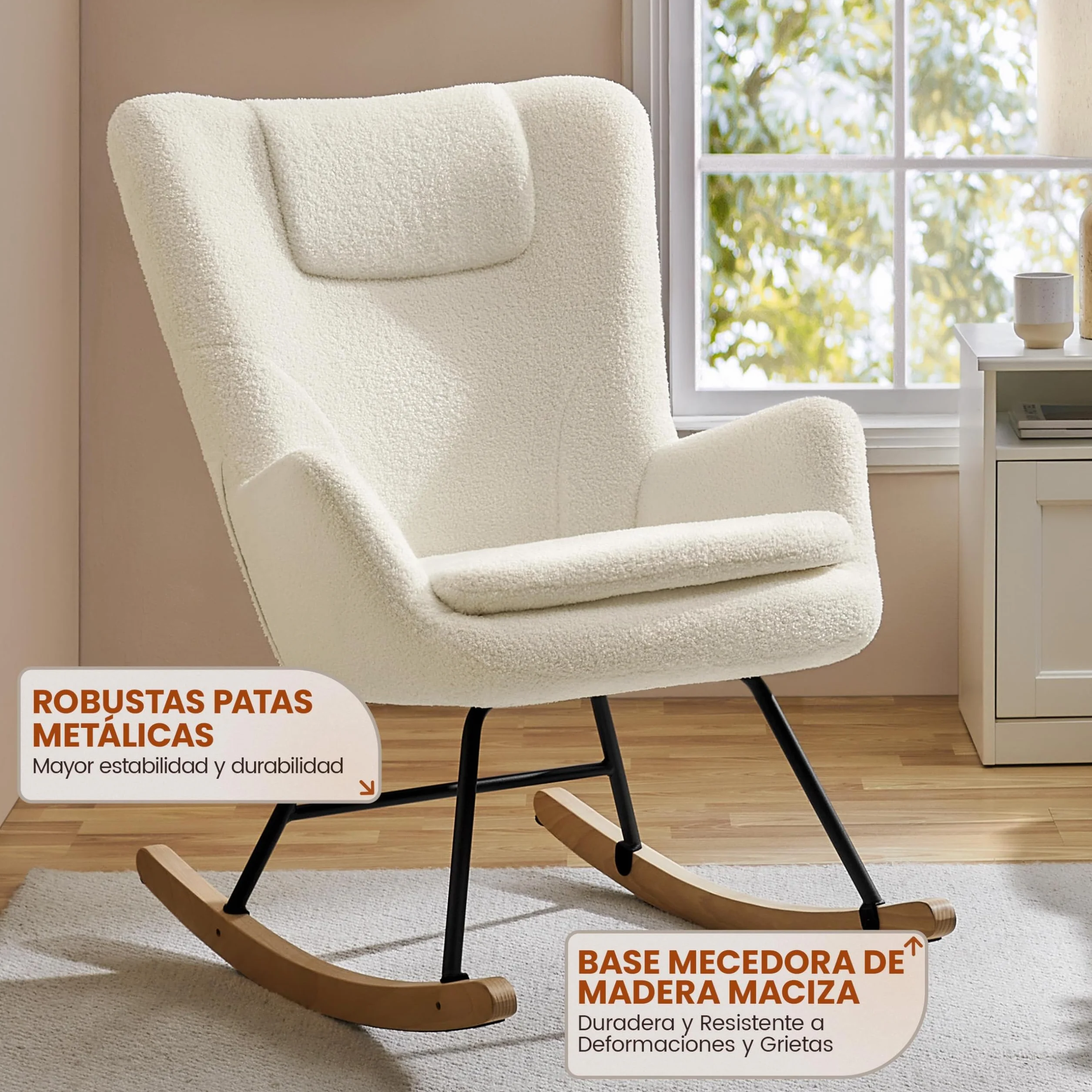 Yaheetech Silla Mecedora Relax Tapizada en Boucle Sillón Balancín con Estructura Metal y Madera de Haya Respaldo Alto Soporta 136 kg Ideal Salón Dormitorio Beige