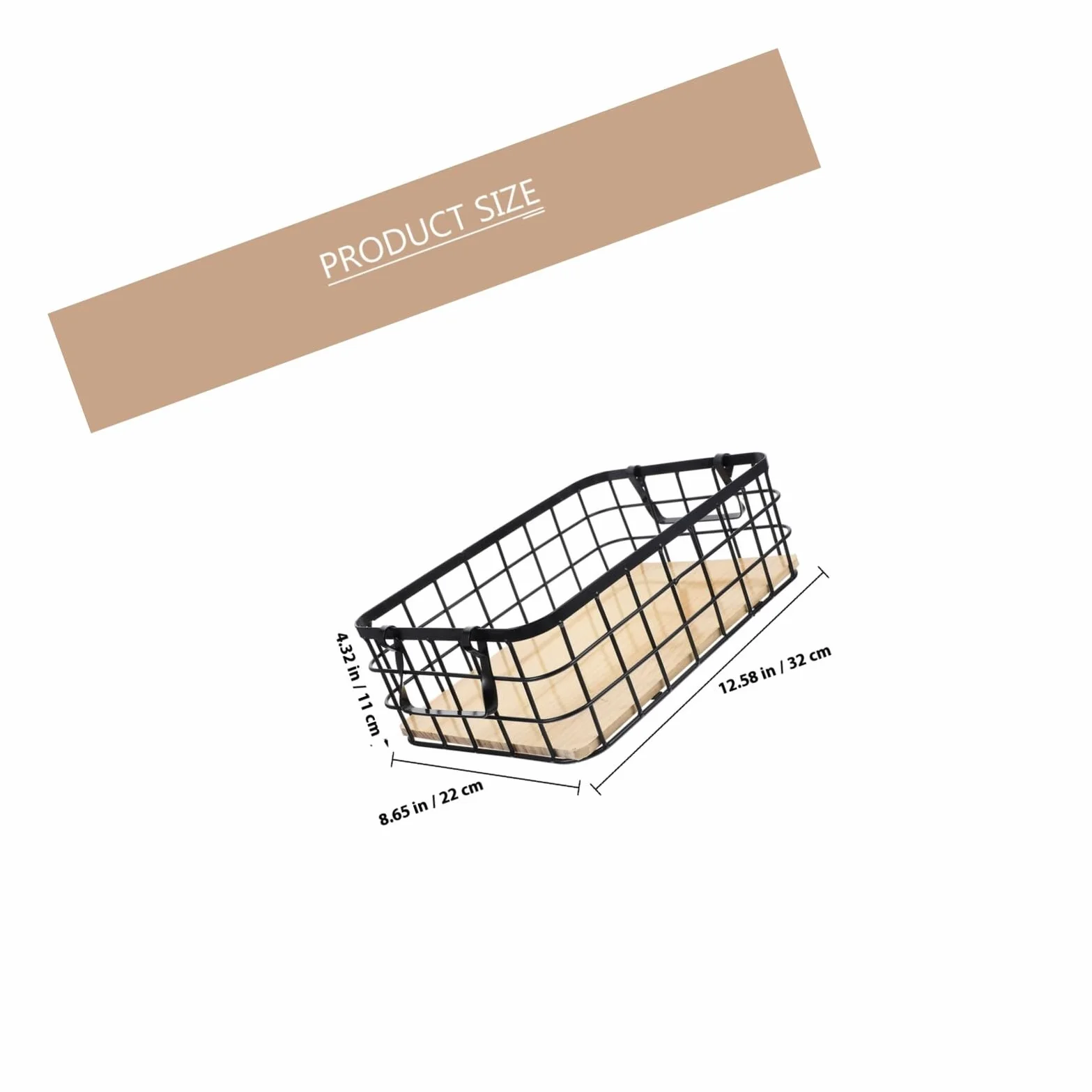 Cesta de Almacenamiento de Alambre Negra Asas de Hierro y Base de Madera | Organizador Multiuso para Cocina y Frutas, Diseño Sencillo y Práctico, Uso en Escritorio Doméstico