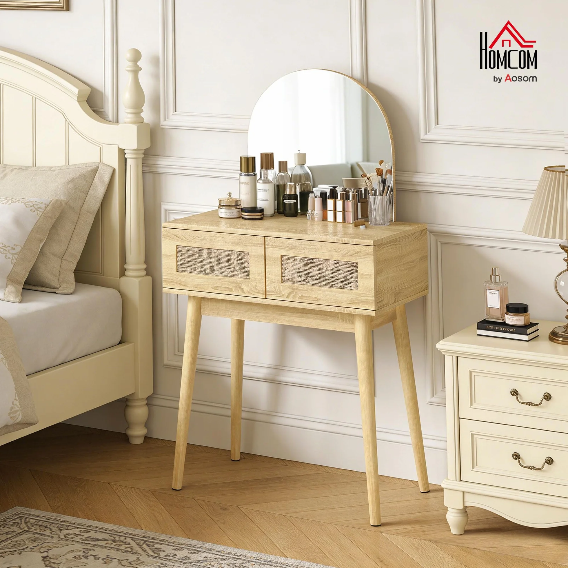 HOMCOM Tocador con Espejo Arqueado, Mesa de Maquillaje Moderna con 2 Cajones con Frontal de Ratán, Tocador de Maquillaje para Dormitorio, Espacios Pequeños, Natural