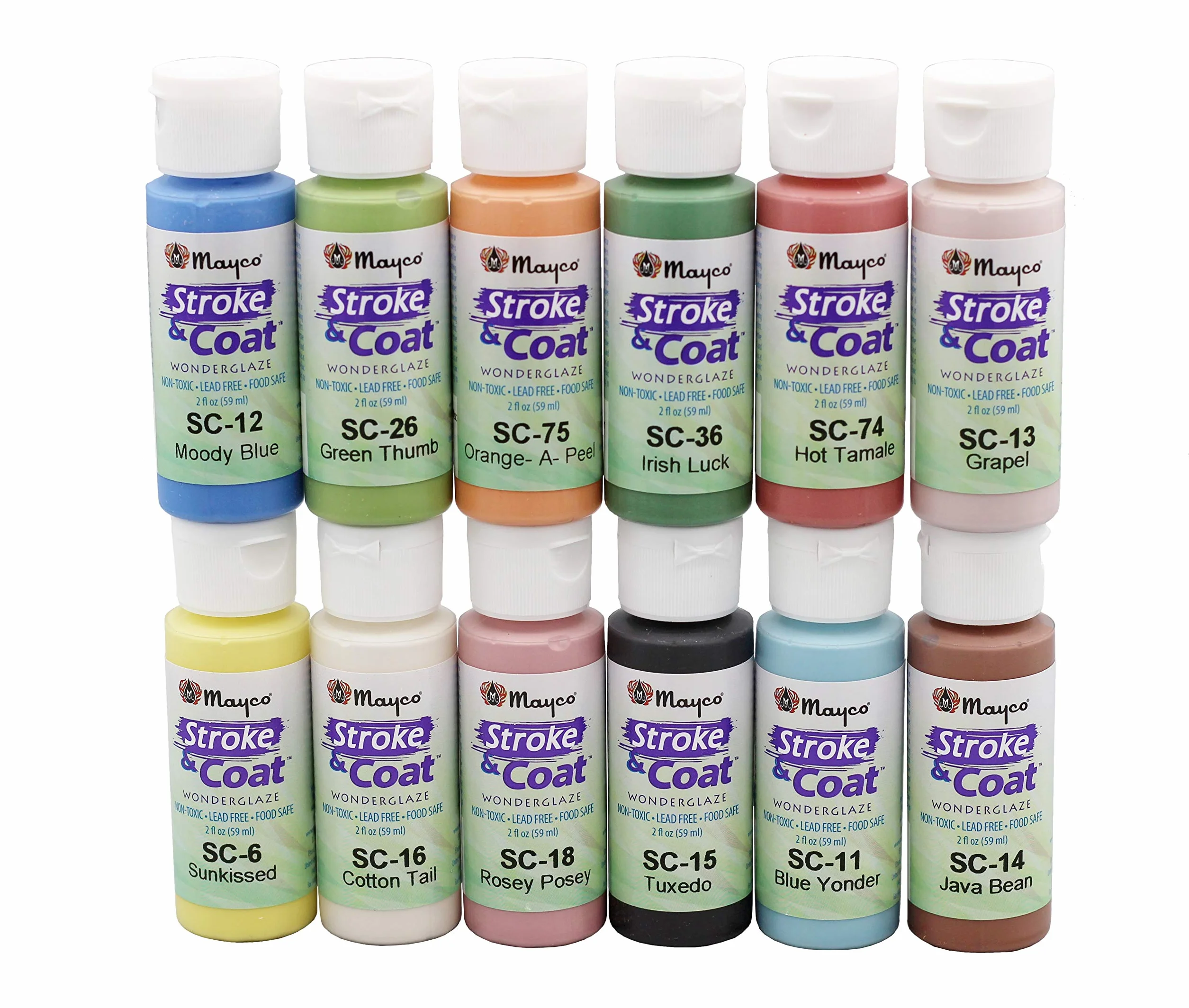 Creative Hobbies Mayco Stroke and Coat Glaze for Ceramics Kit 1 | 12 tarros Surtidos de 2 onzas con Libro de cerámica Cómo Pintar