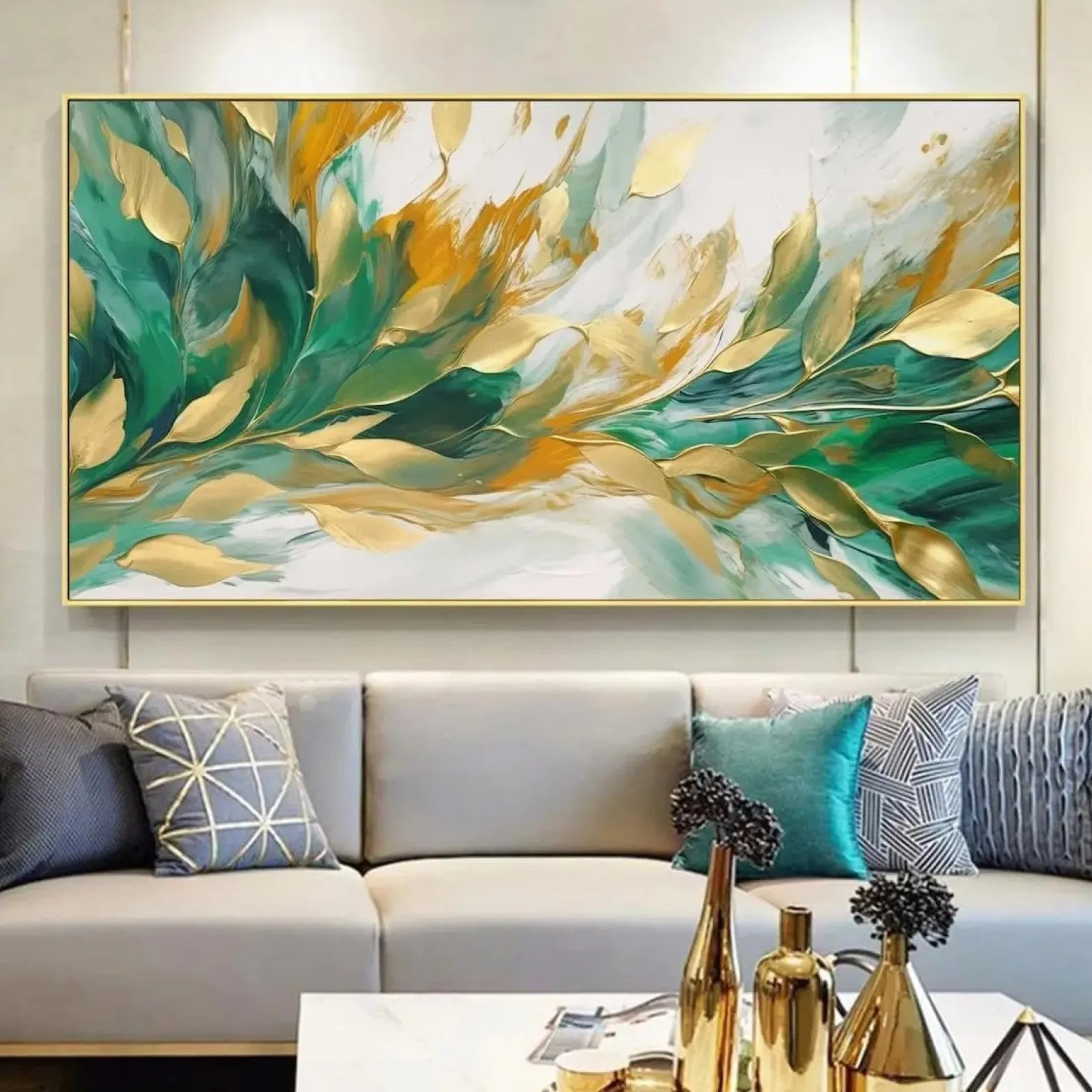 Cuadro abstracto de hojas modernas grandes sobre lienzo, decoración artística dorada, planta verde, pintado a mano, arte de pared para sala de estar, 70 x 140 cm (28 x 55 pulgadas), con marco dorado.