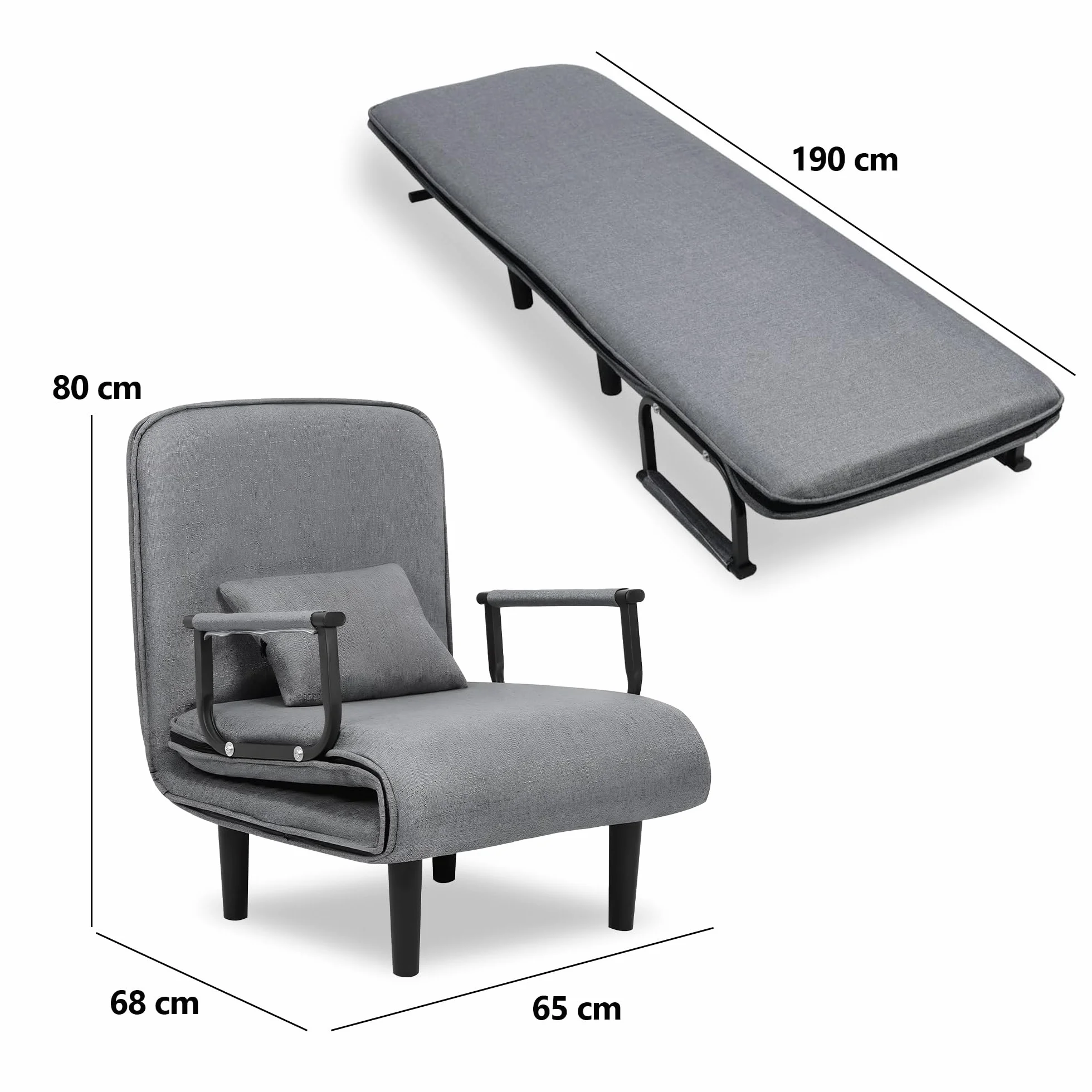 Unicview Sillón Sofá Cama Convertible 3 en 1, Sofá Reclinable, Sofá Individual Que se Convierte en Cama 190 cm Largo 65 cm Ancho, con Reposabrazos y Cojín, Ideal para Salón o Invitados, Gris