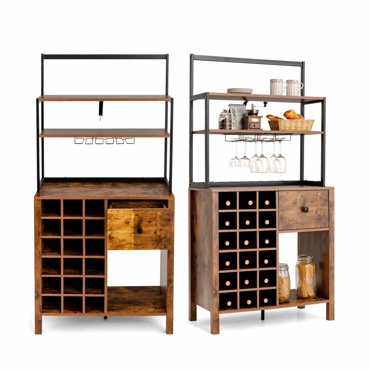 KOMFOTTEU Mueble de Cocina para Vino, Armario de Bar para 18 Botellas con Soporte para Copas, Armario Buffet con Cajón y Estantes Abiertos, Soporte para Microondas para Comedor, 74 x 40 x 160 cm