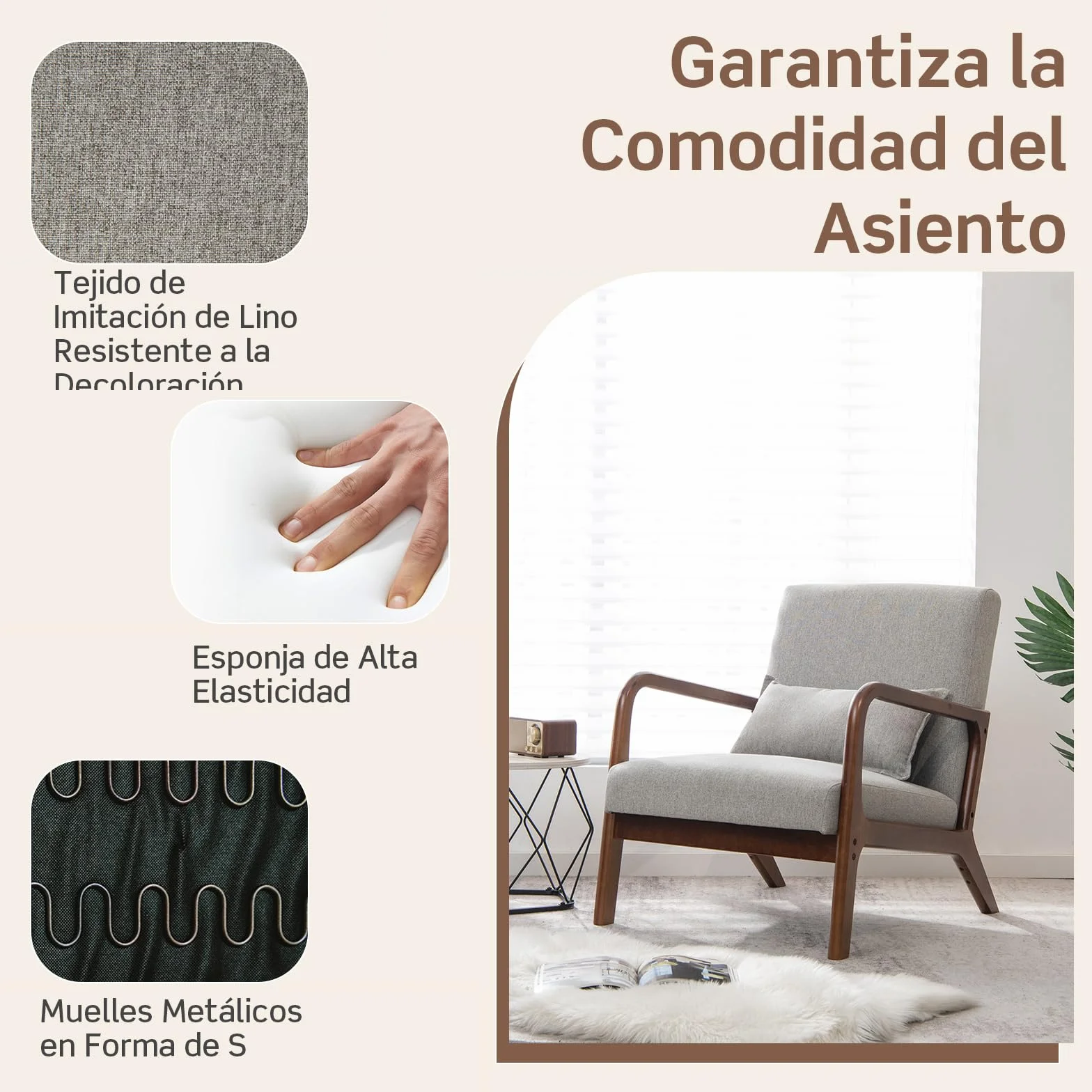 COSTWAY Silla Moderna de Madera, Butaca de Salon con Almohada Lumbar, Almohadillas de Fieltro Antideslizantes, Sillón de Lectura Tapizado en Tela, 79 x 65 x 77 cm (Gris)