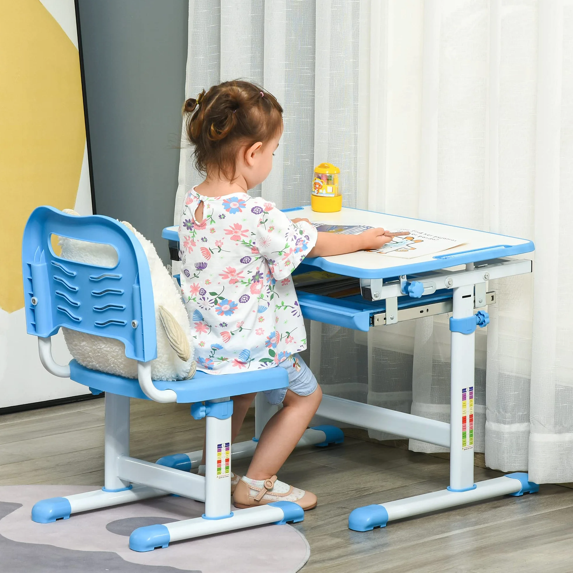 HOMCOM Pupitre Infantil 2 en 1 Escritorio y Silla Ajustable para Niños +6 Años Mesa Regulable Ángulo Bandeja Deslizante 66x47x77 cm Azul