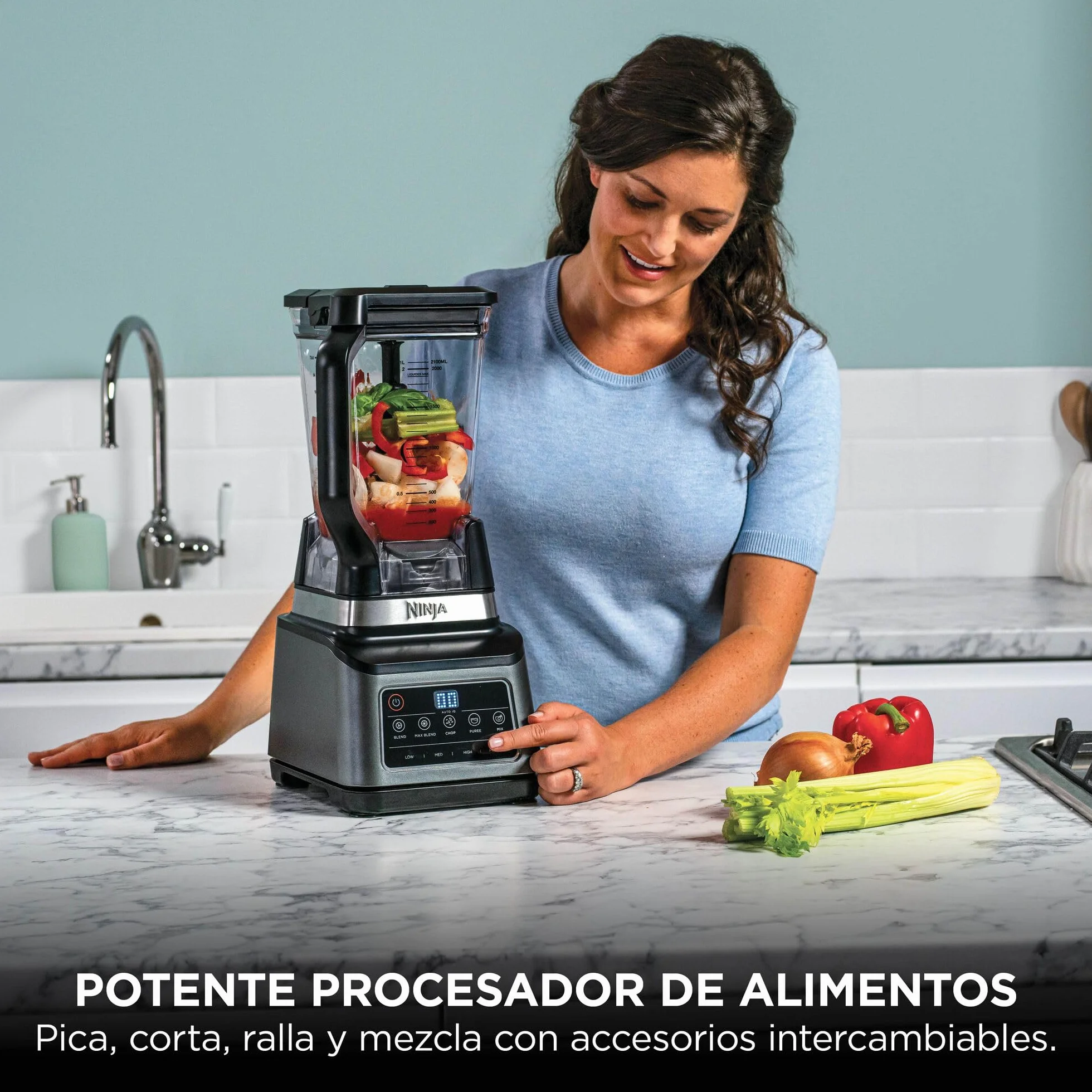 Ninja Procesador de alimentos 3 en 1, 1200 W, batidora multifunción, 5 programas automáticos, bol 1,8 l, jarra 2,1 l, vaso 700 ml, tecnología Auto-iQ, piezas aptas para lavavajillas, Negro, BN800EU