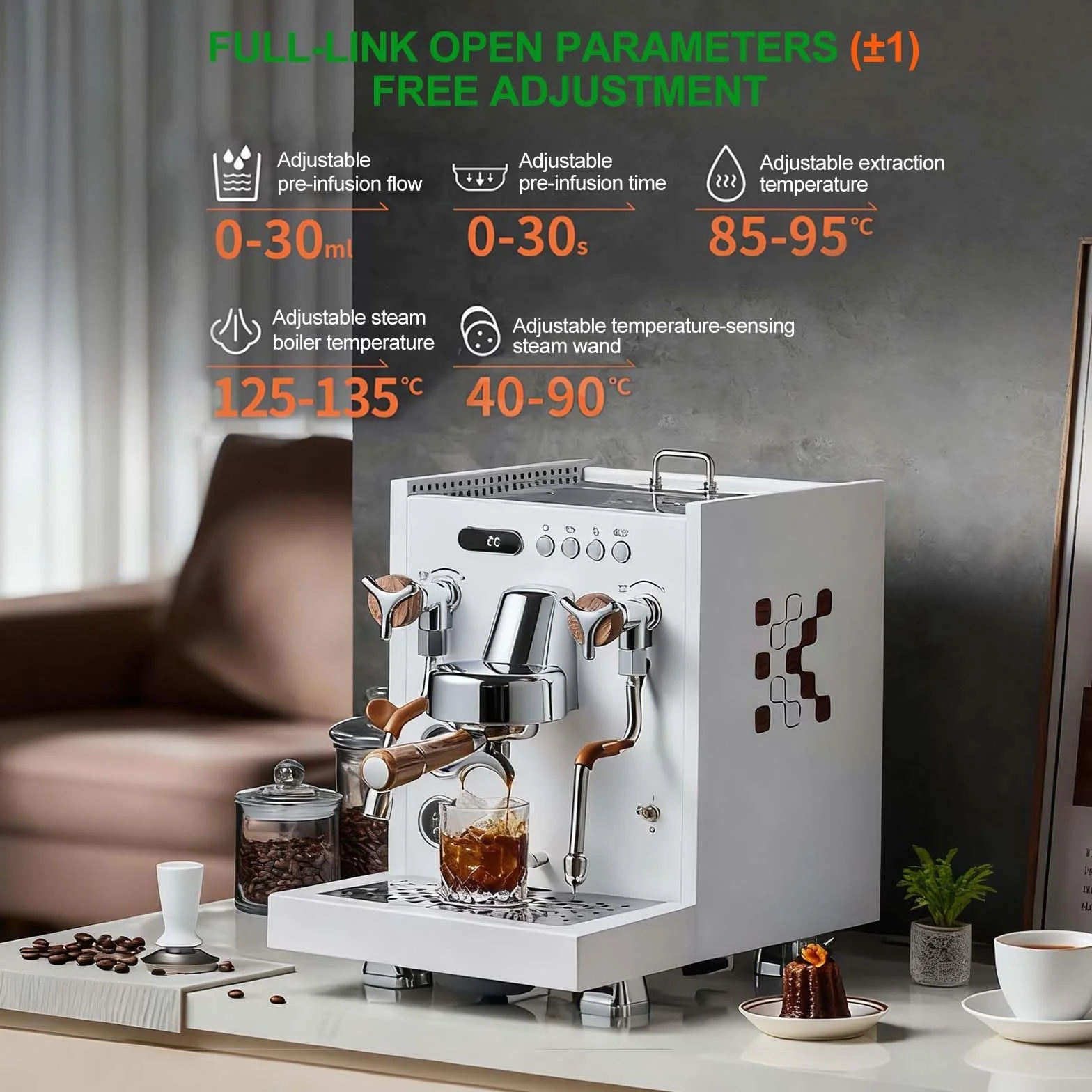 Vaporizador Y Espumador De Leche, Cafetera Espresso EléCtrica De 2850 W, 15 Bares De PresióN, con Caldera De LatóN De 1 L, DepóSito De Agua De PP De 1,6 L, Portafiltro De 58 Mm, Lanza De Vapor