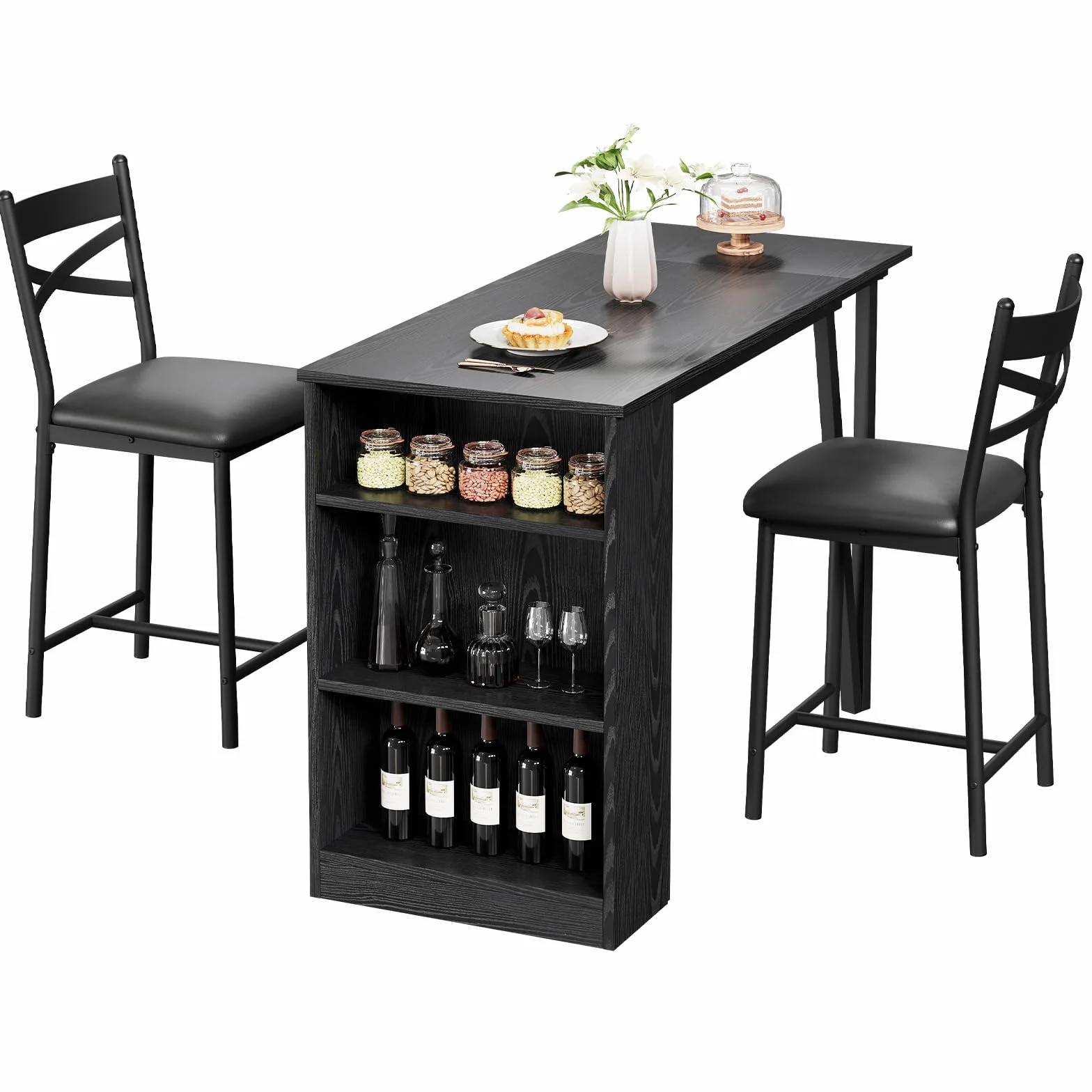 GarveeLife Set Mesa Bar Alta 1+2 Taburetes Estante Negro 120x50x91.5cm | MDF Hierro Tapizado Soft Negra 1 Mesa 2 Taburetes Estante Inferior Extensible Ahorro Espacio Cocina Salón Bar Moderno