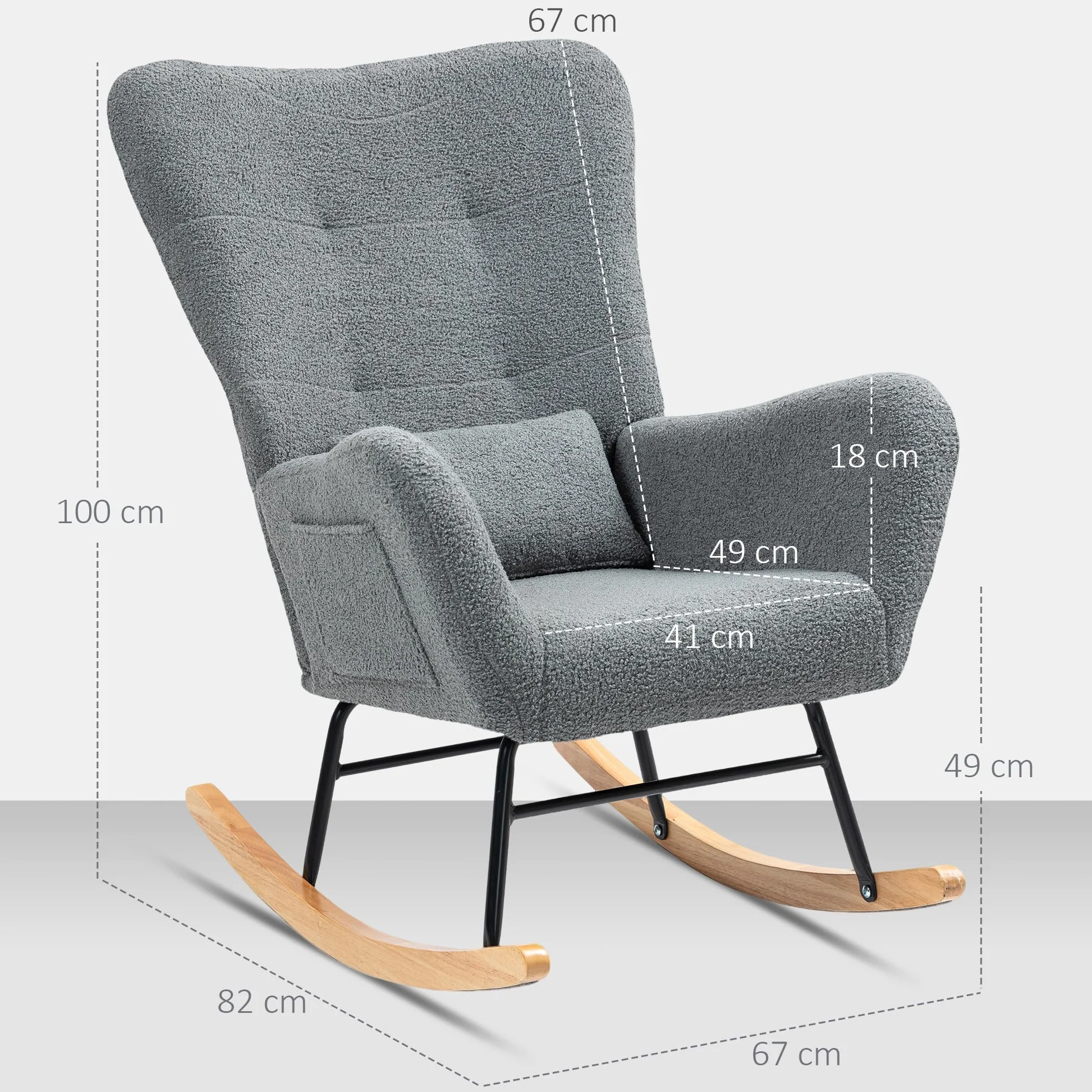 HOMCOM Silla Mecedora Moderna, Mecedora Tapizada en Terciopelo de Teddy, Sillón de Lactancia con Respaldo Acolchado Alto, Almohada, Patas de Madera, Bolsillo Lateral, para Dormitorio, Salón, Gris