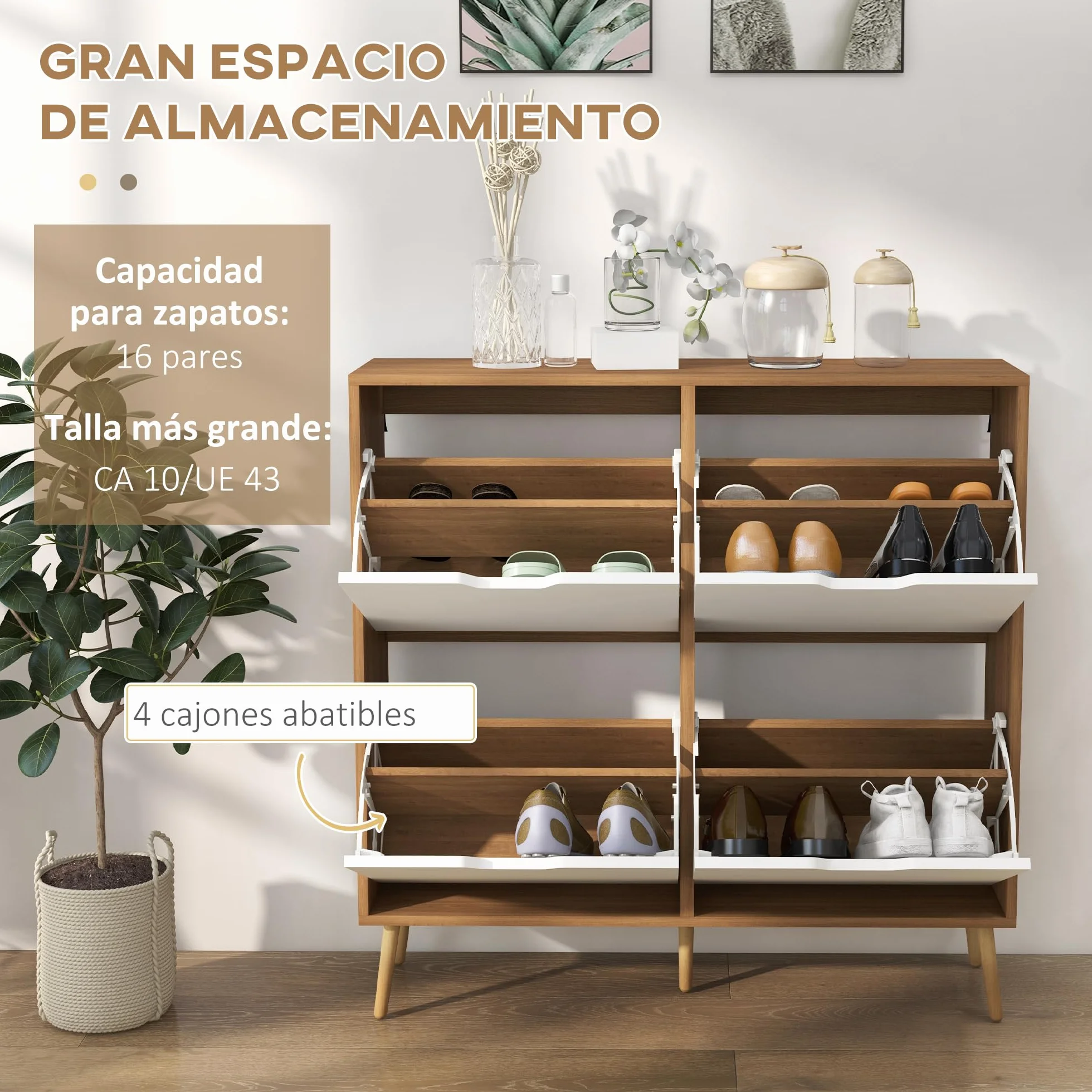 HOMCOM Zapatero Estrecho con 4 Cajones Abatibles, Zapatero Entrada Recibidor con Patas de Madera y Estantes Ajustables, para 16 Pares de Zapatos, para Pasillo, 95x26x95 cm, Blanco y Natural