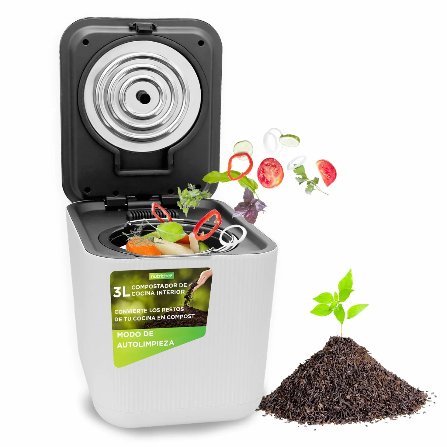 NutriChef compostador electrico, 3 litros, Ideal para cocinas, Cubo Basura organica y desechos de Comida, Automatico, Funciones de Secado, Trituracion y Enfriamiento