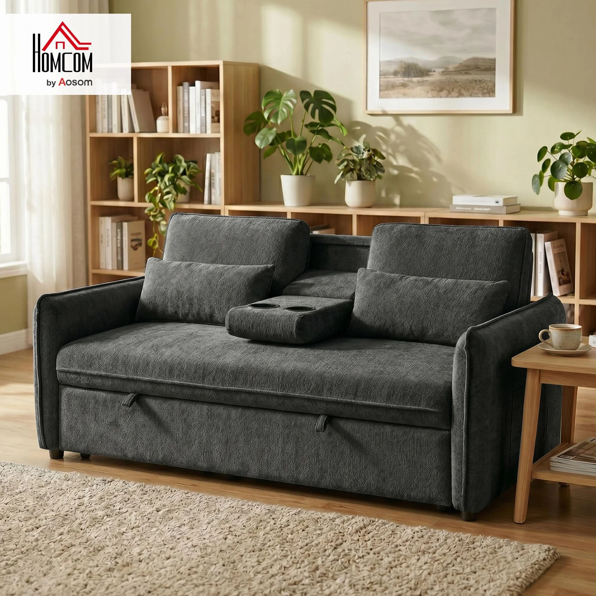 HOMCOM Sofá Cama 2 Plazas 3 en 1, Sofá Cama de Chenilla con Mesa Auxiliar, Portavasos, Respaldo Ajustable, Bolsillos Laterales, 2 Almohadas para Sala de Estar, Espacios Pequeños, Gris Oscuro