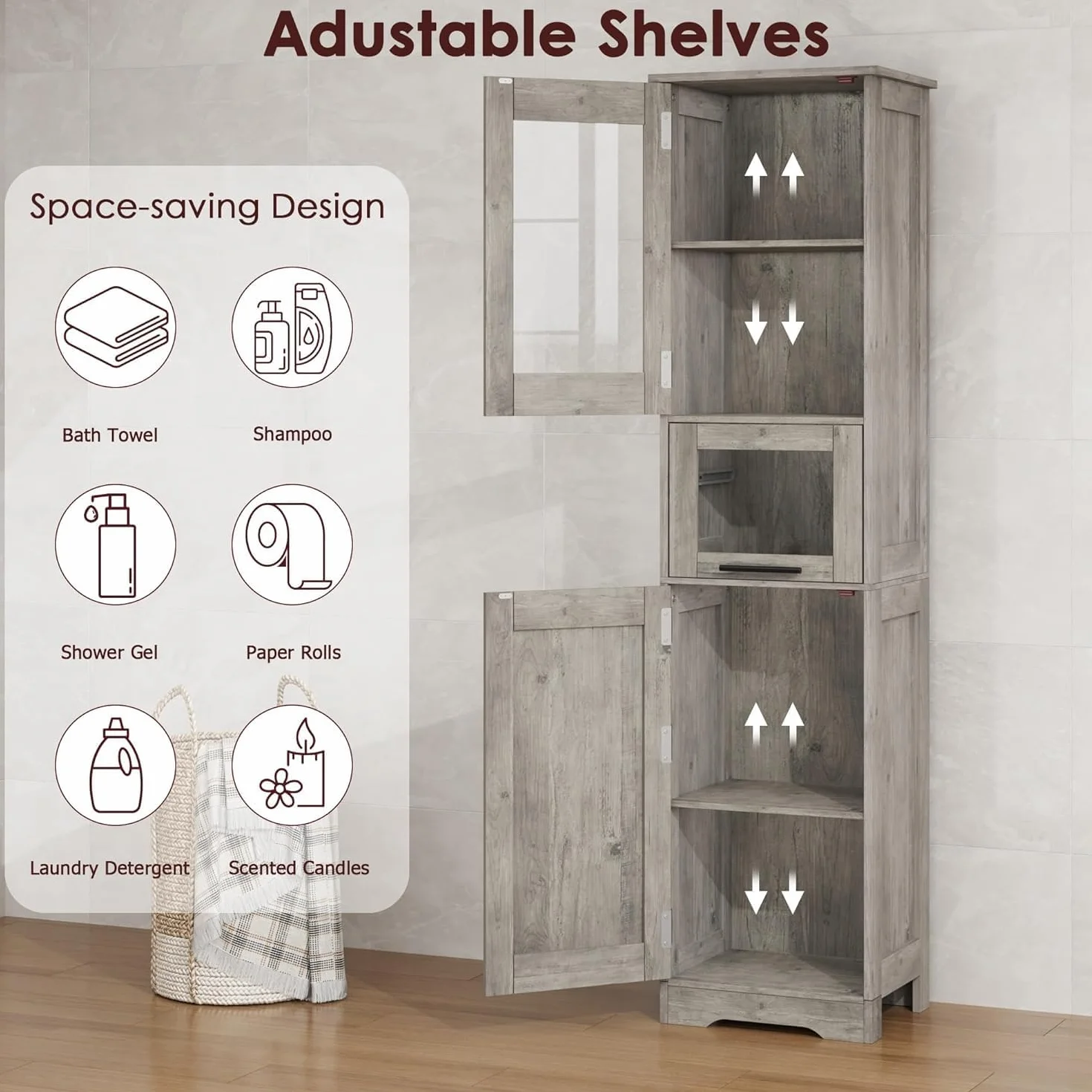 Armario Baño Alto Estrecho 40×31×170 cm Gris Mueble con Puertas y Estante Ajustable