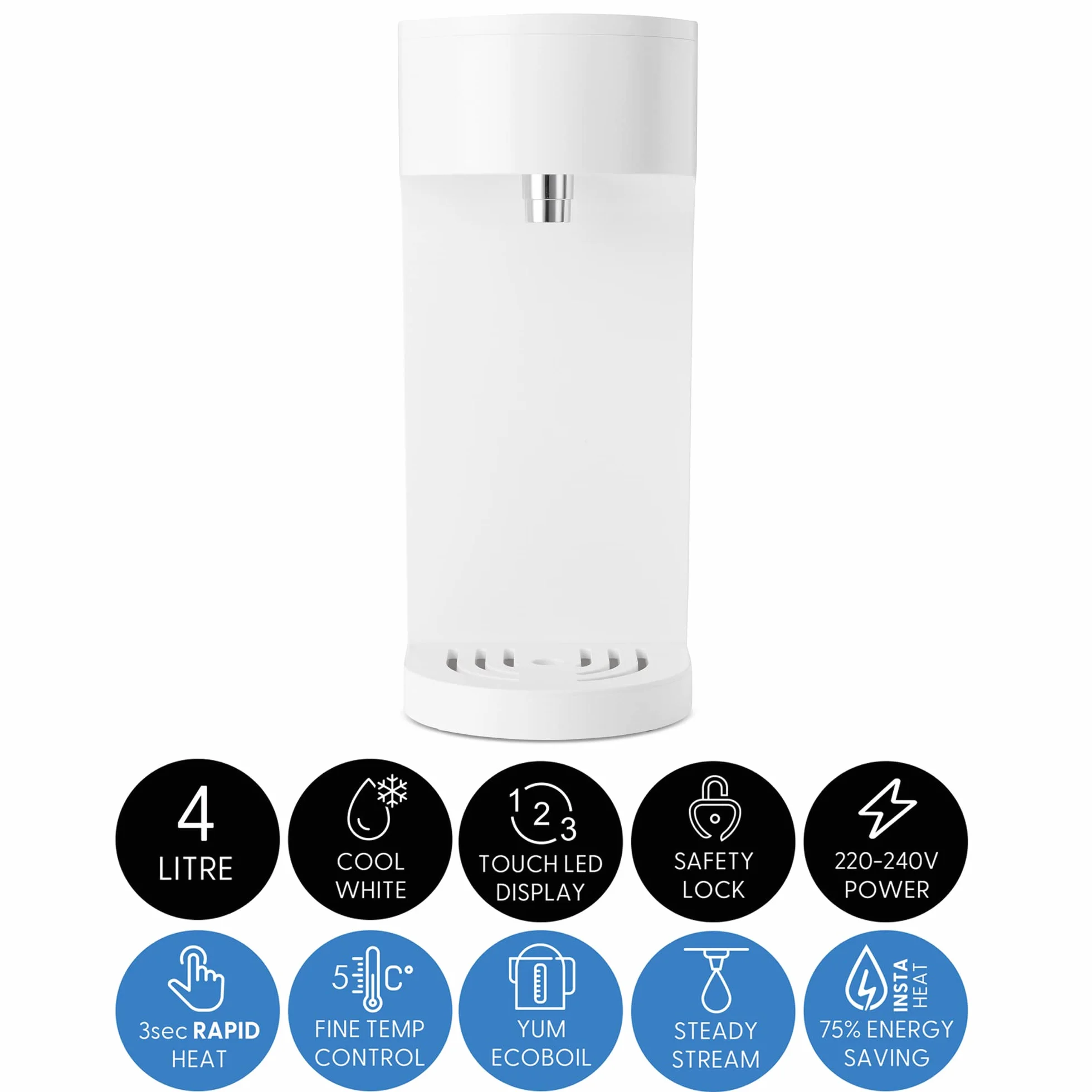 Yum Asia Oyu "Oculto debajo" Dispensador de agua caliente instantáneo digital con pantalla táctil LED blanca, Capacidad de 4 litros, Ecoboil, Tecnología InstaHEAT, 220-240V, Alimentación de la UE