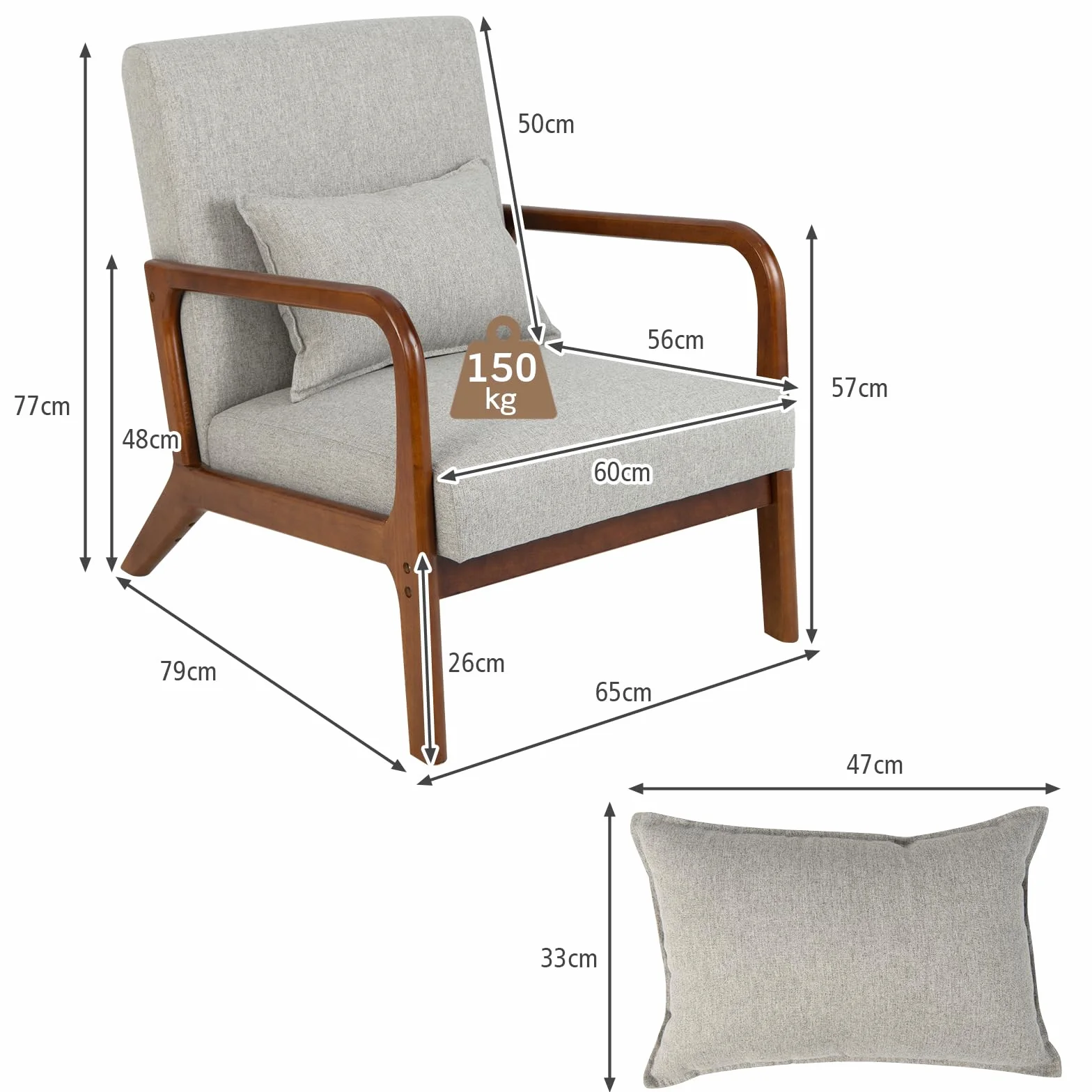 COSTWAY Silla Moderna de Madera, Butaca de Salon con Almohada Lumbar, Almohadillas de Fieltro Antideslizantes, Sillón de Lectura Tapizado en Tela, 79 x 65 x 77 cm (Gris)