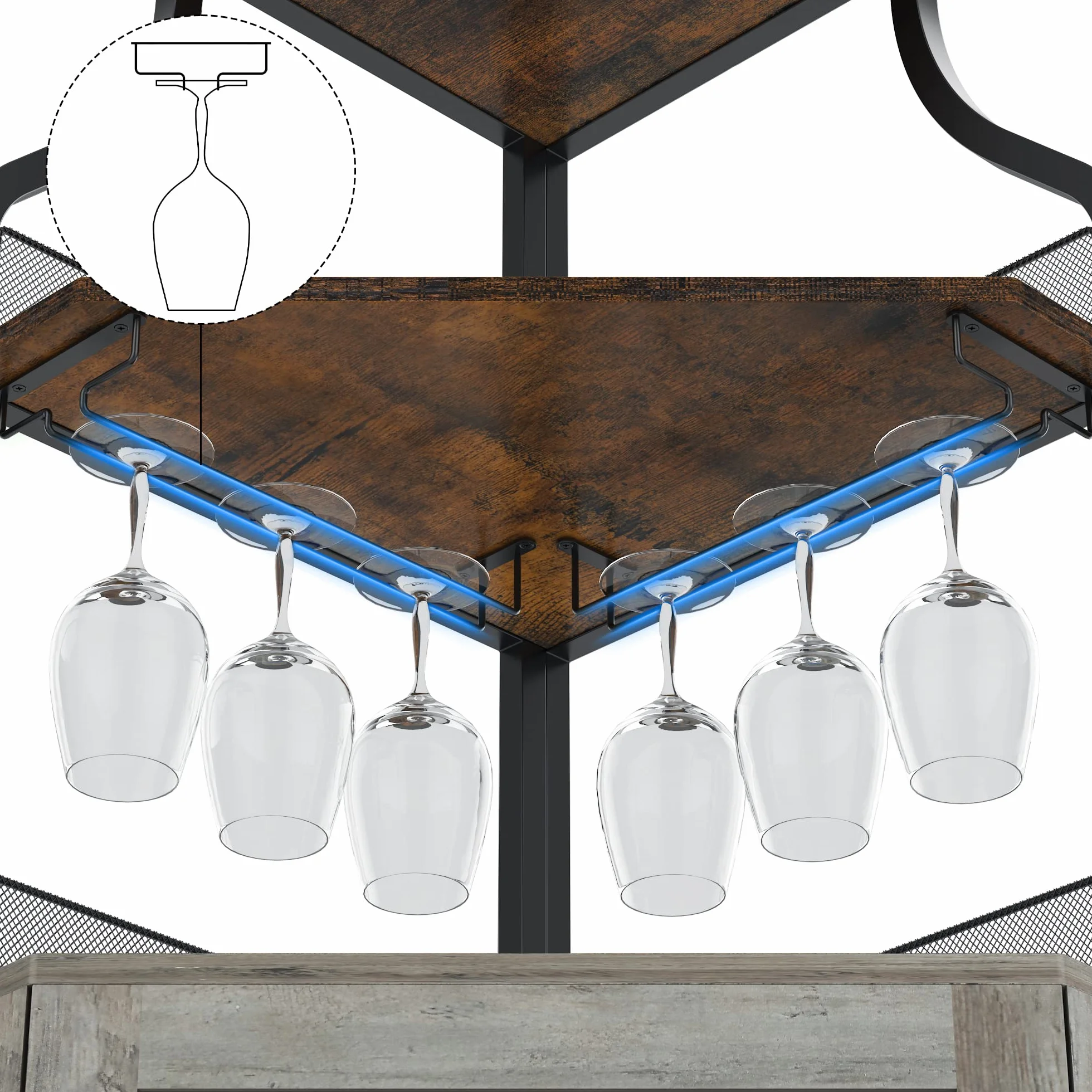 Garvee Armario de Vino Esquinero con Luces LED, Mueble Bar Industrial de 5 Niveles con Botellero y Porta Copas, Estantería para Vinos con Puerta de Malla para Salón y Comedor, Marrón Rústico