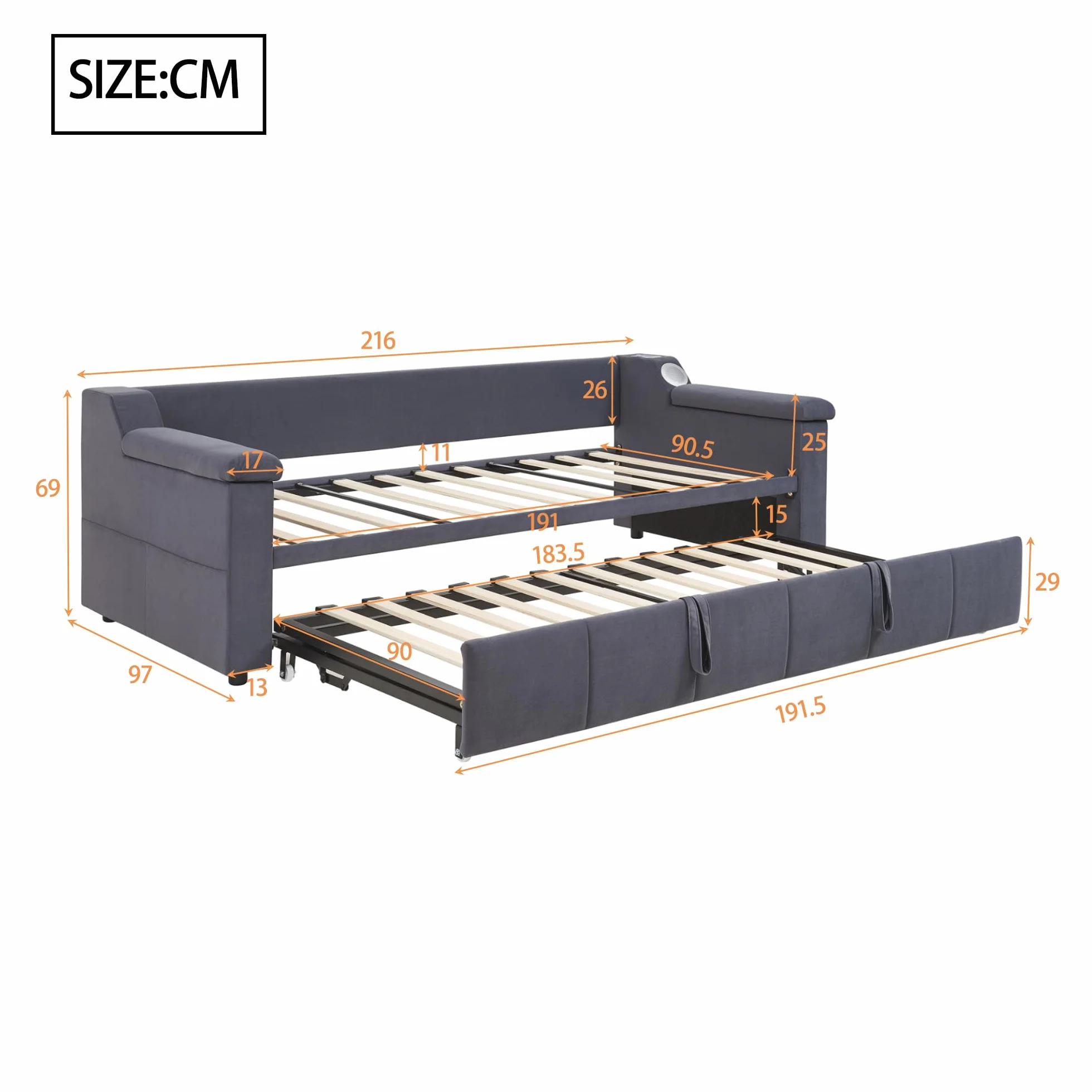 Cama acolchada, sofá cama, reposabrazos anchos y gruesos, con sistema estéreo Bluetooth inteligente, con puerto de carga USB, con compartimentos de almacenamiento, con somier, tela de