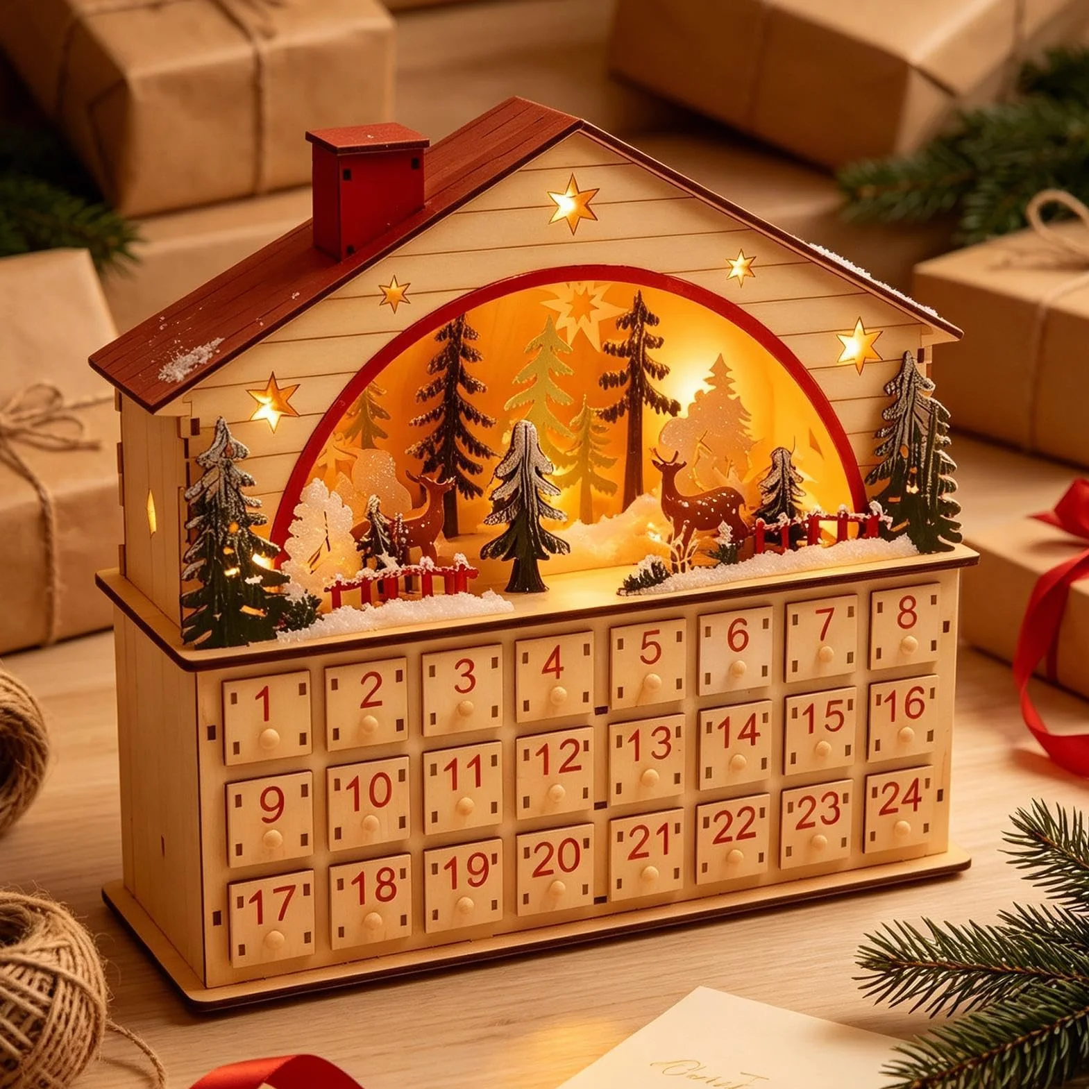 Cuenta Atrás Navidad 24 Días Casa De Madera Decorativa Para Mesa | Cuenta Regresiva Con Cajones Para Escritorio, Estantería, Salón Y