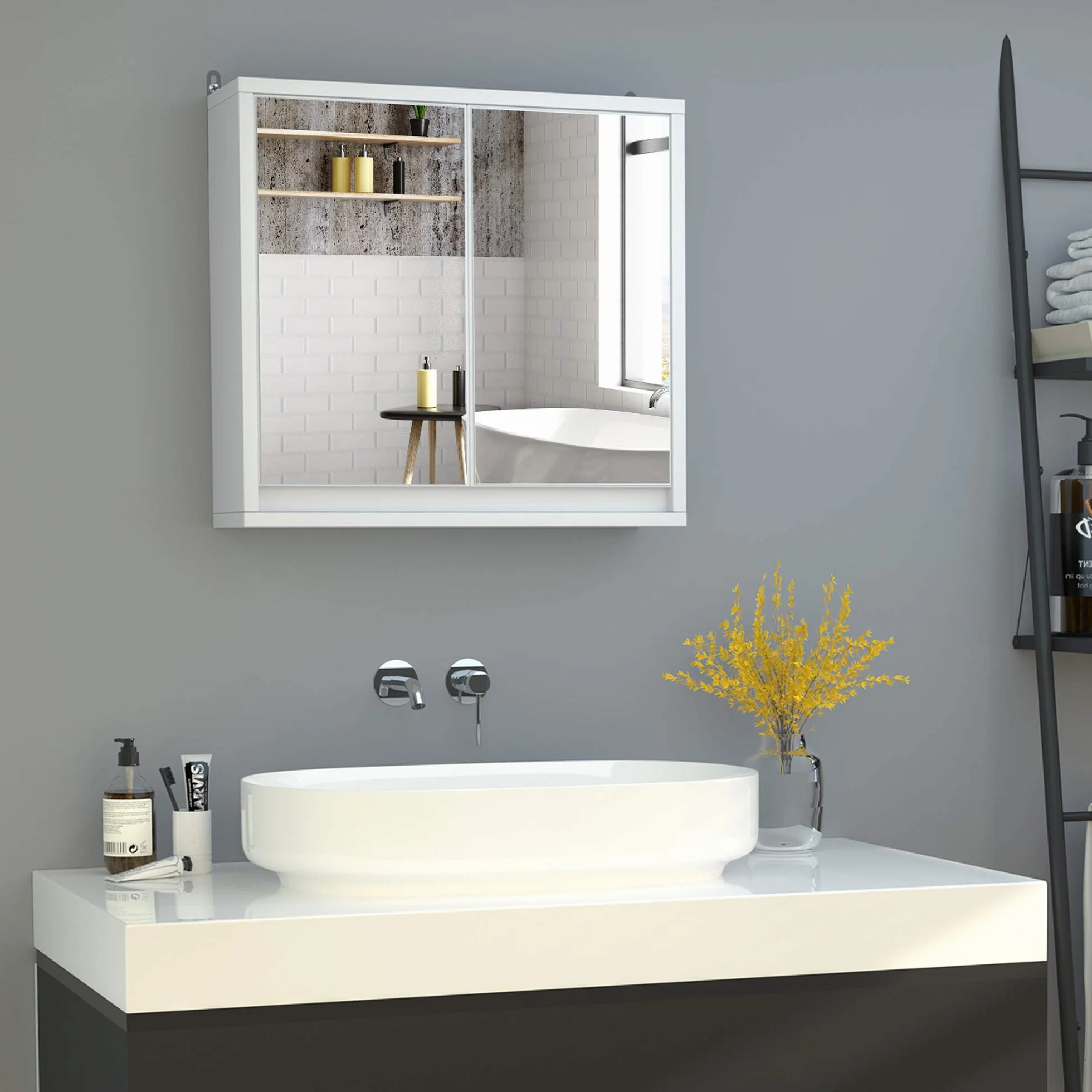 HOMCOM Armario de Baño con Espejo con 2 Puertas y Estante Ajustable Mueble Colgante de Baño para Aseo Estilo Moderno 48x14,5x45 cm Blanco