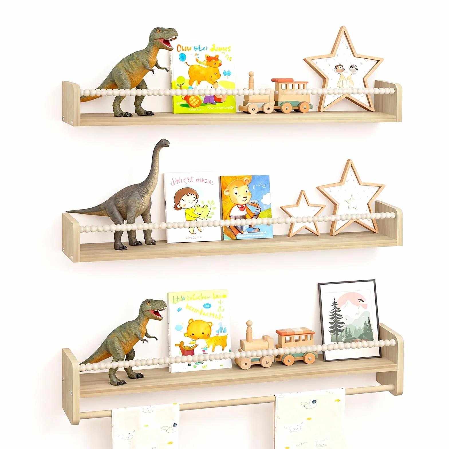 LibreríA Infantil, EstanteríA De Pared De 3 Piezas para HabitacióN Infantil con Cuentas De Madera EstanteríA Flotante para Libros Marcos De Fotos Y Adornos para Cocina Dormitorio SalóN Y BañO